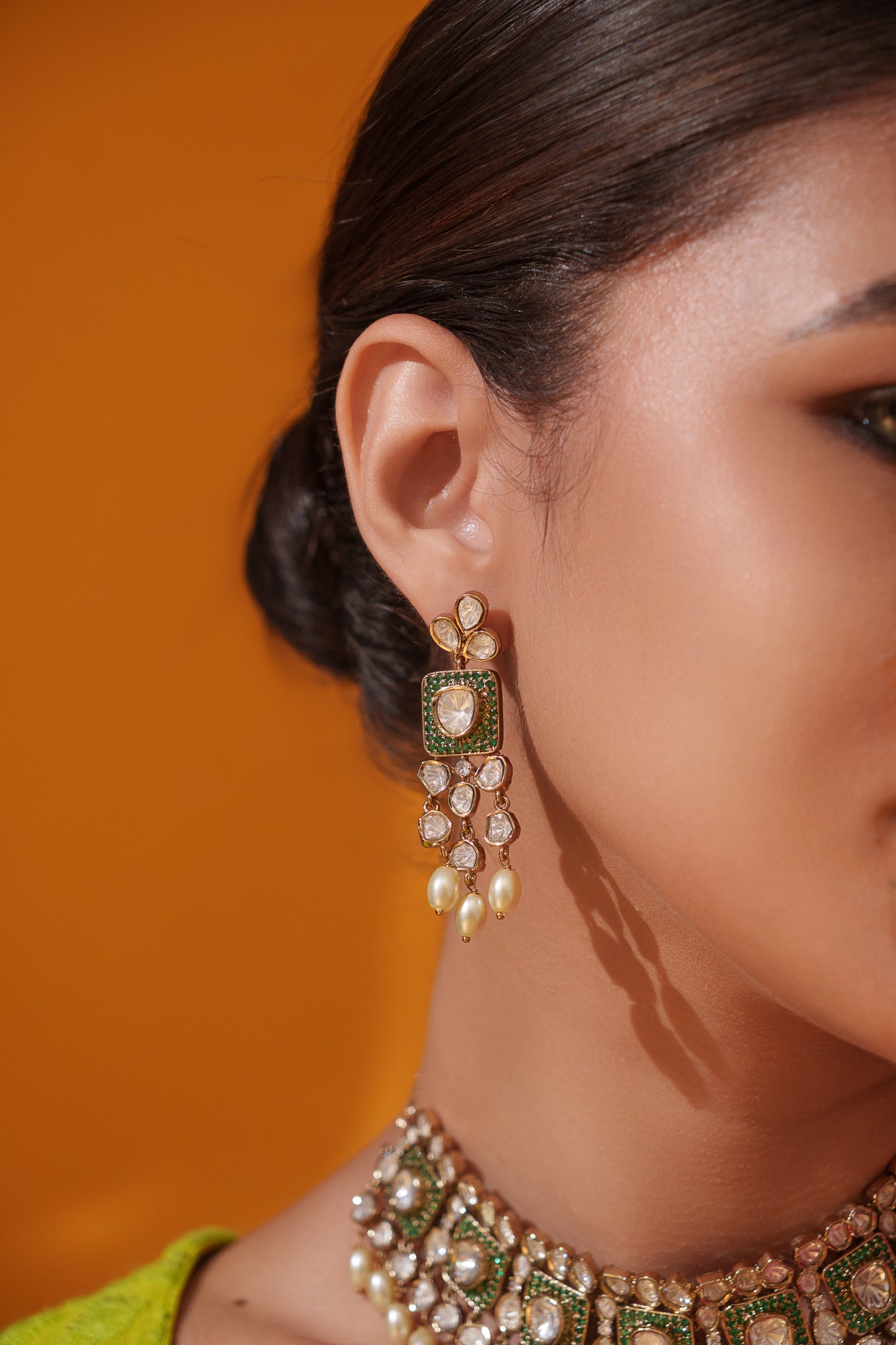 Dramatic and classy two tone kundan polki stone necklace set with matching earrings