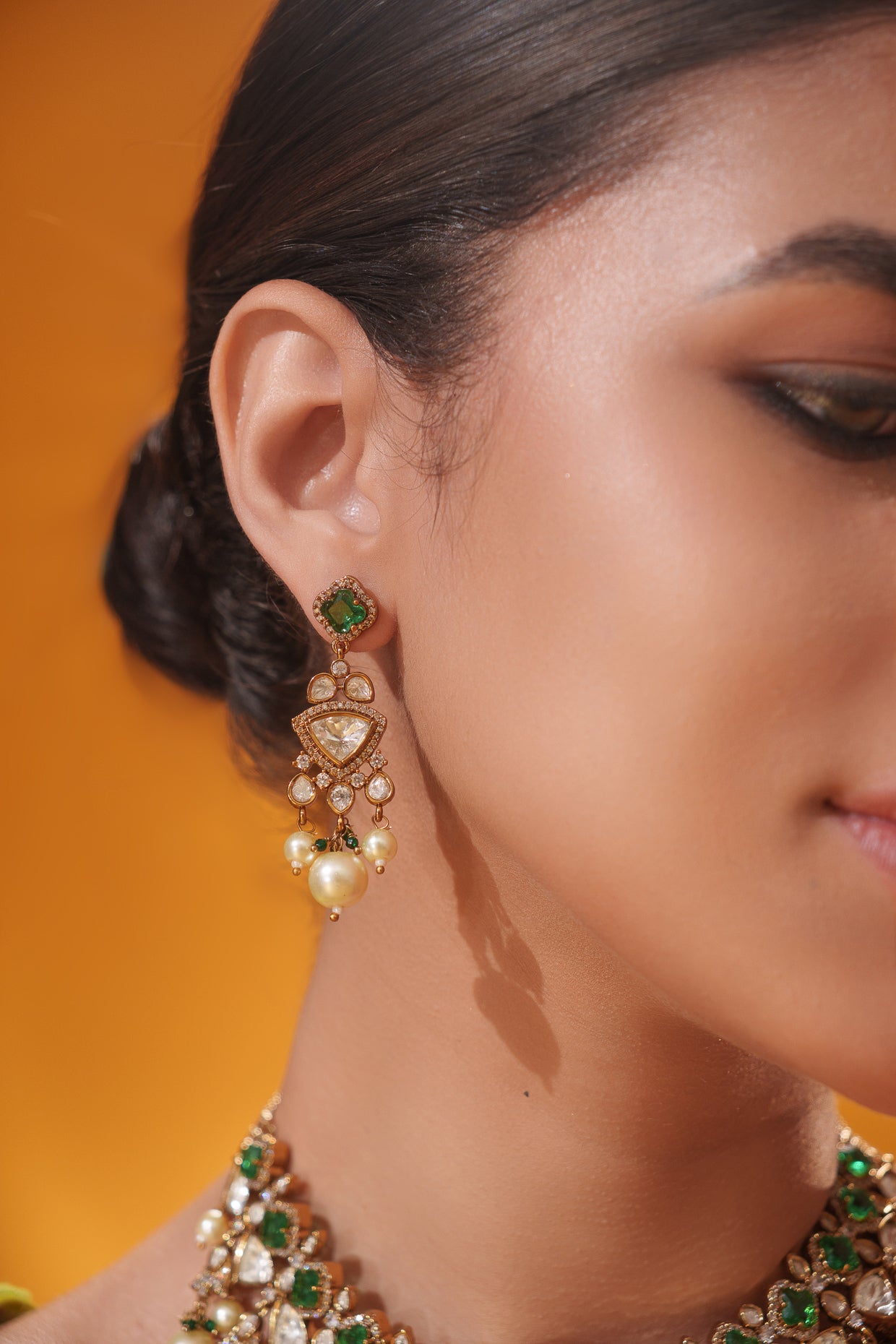 Dramatic and classy two tone kundan polki stone necklace set with matching earrings