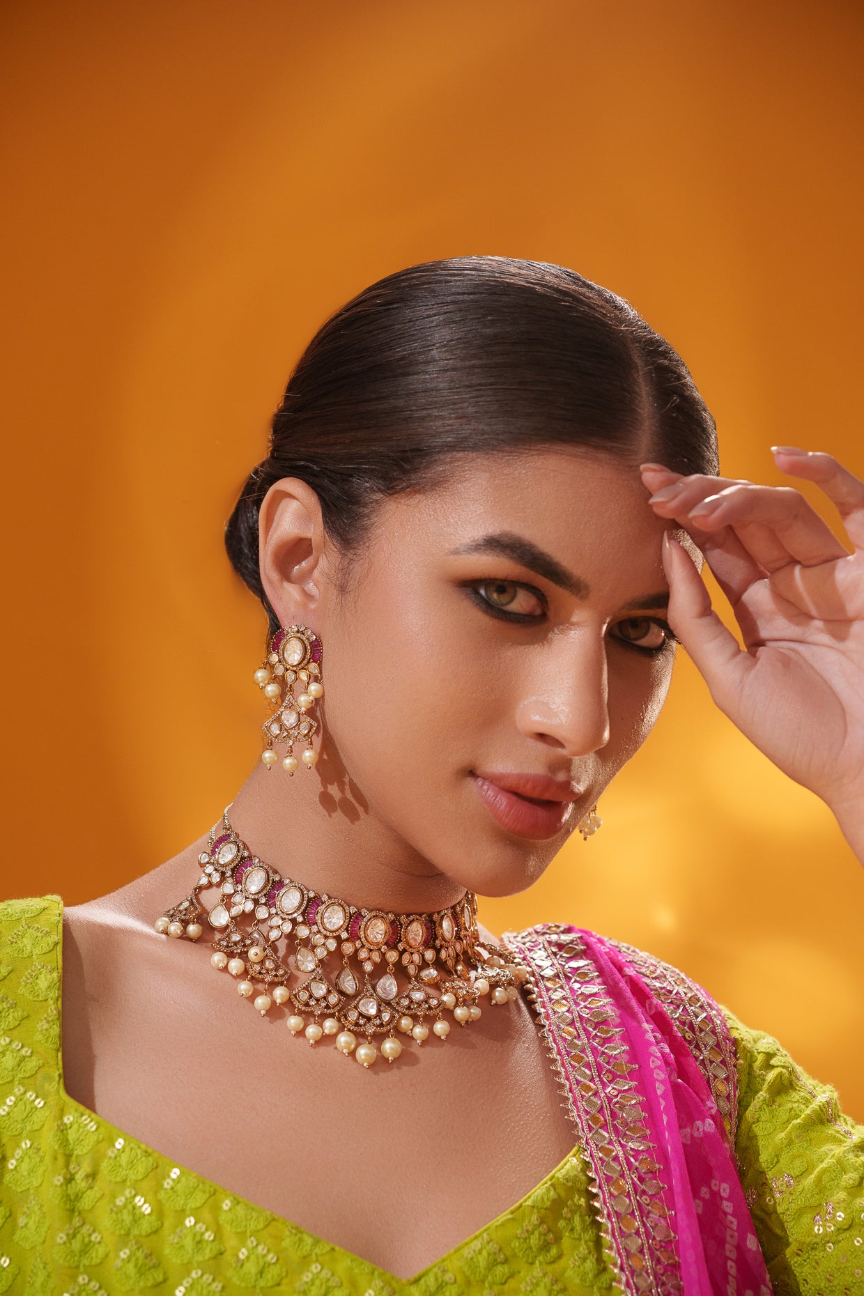 Dramatic and classy two tone kundan polki stone necklace set with matching earrings
