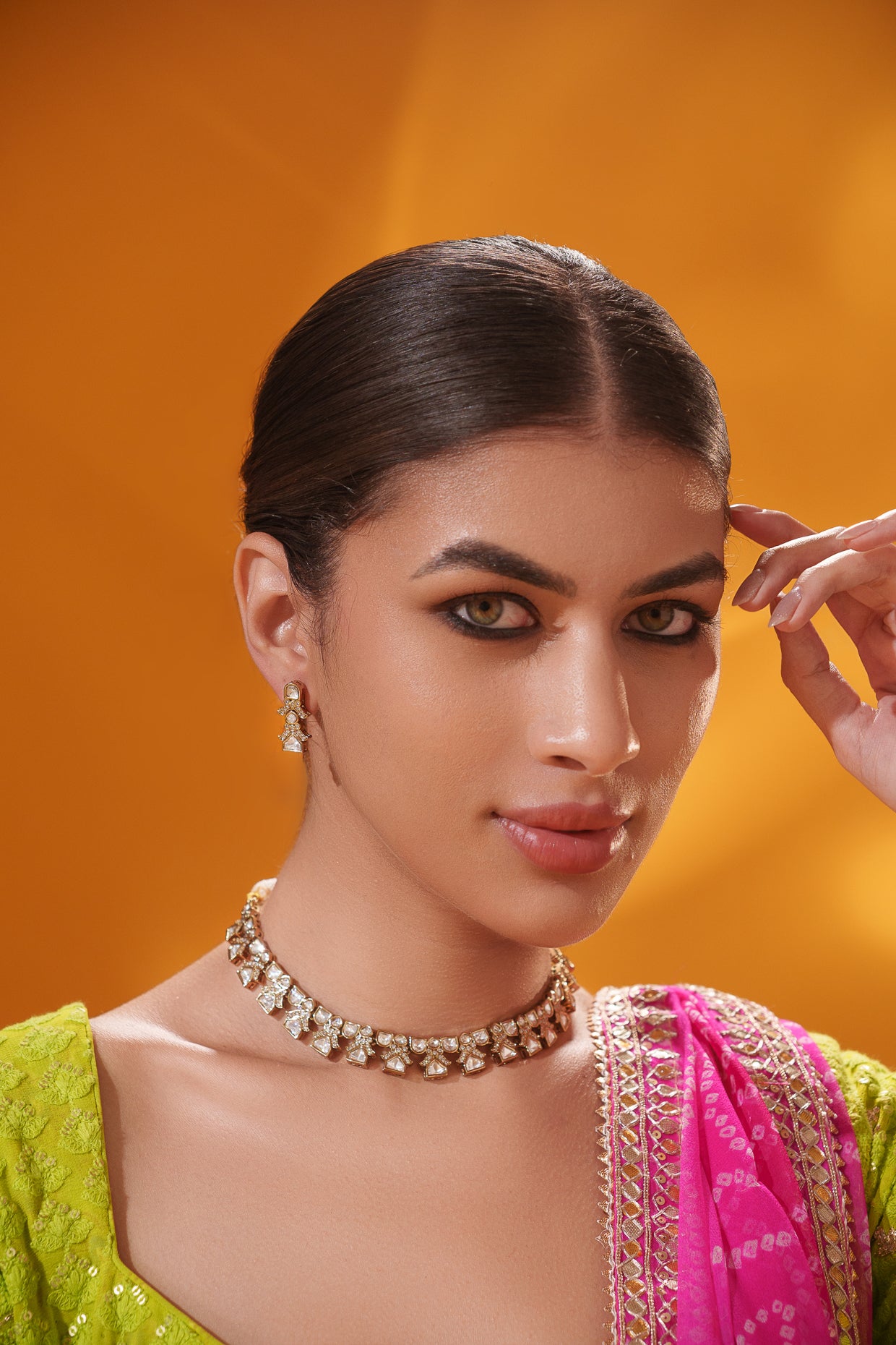 Dramatic and classy two tone kundan polki stone necklace set with matching earrings