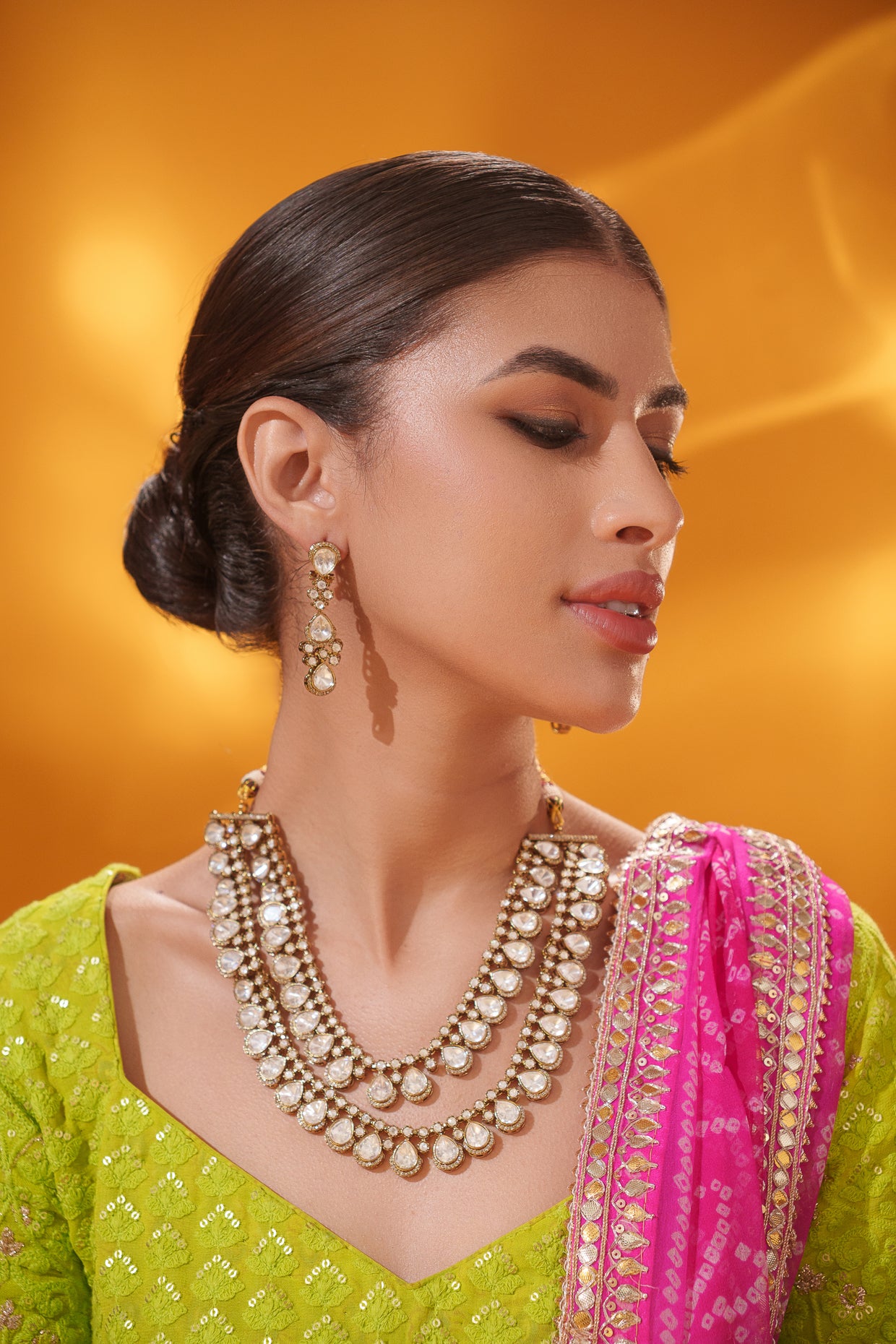 Bold and dramatic two tone polki 2 line necklace set with matching earrings