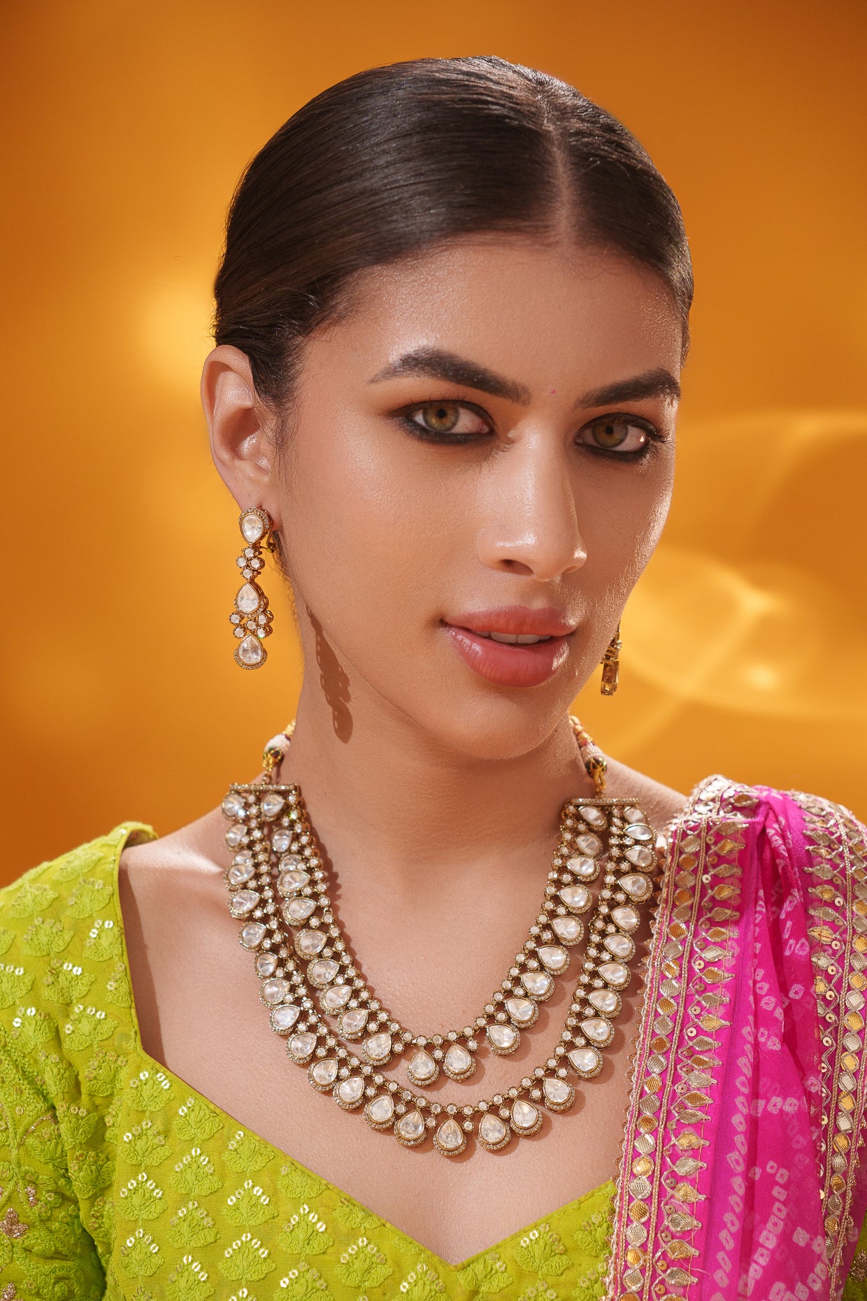 Bold and dramatic two tone polki 2 line necklace set with matching earrings