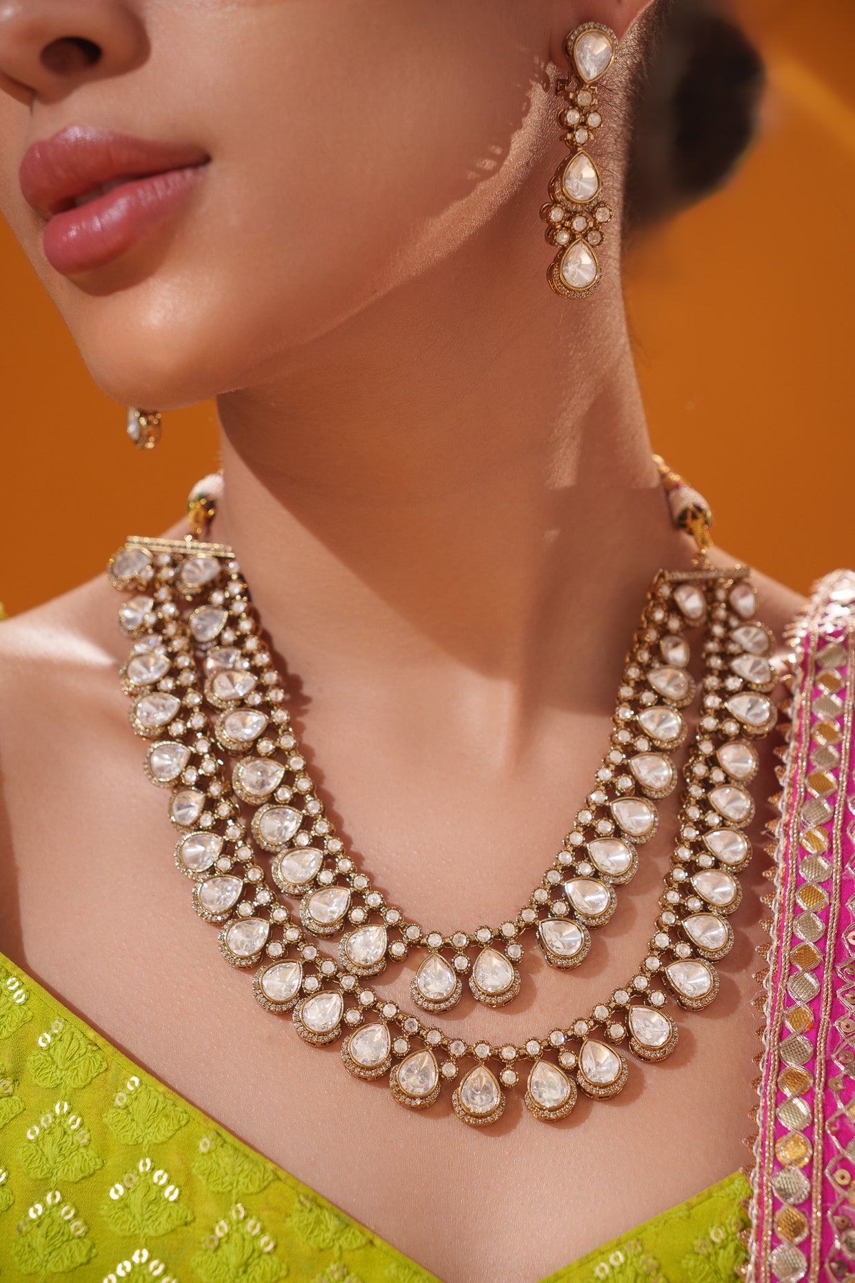 Bold and dramatic two tone polki 2 line necklace set with matching earrings