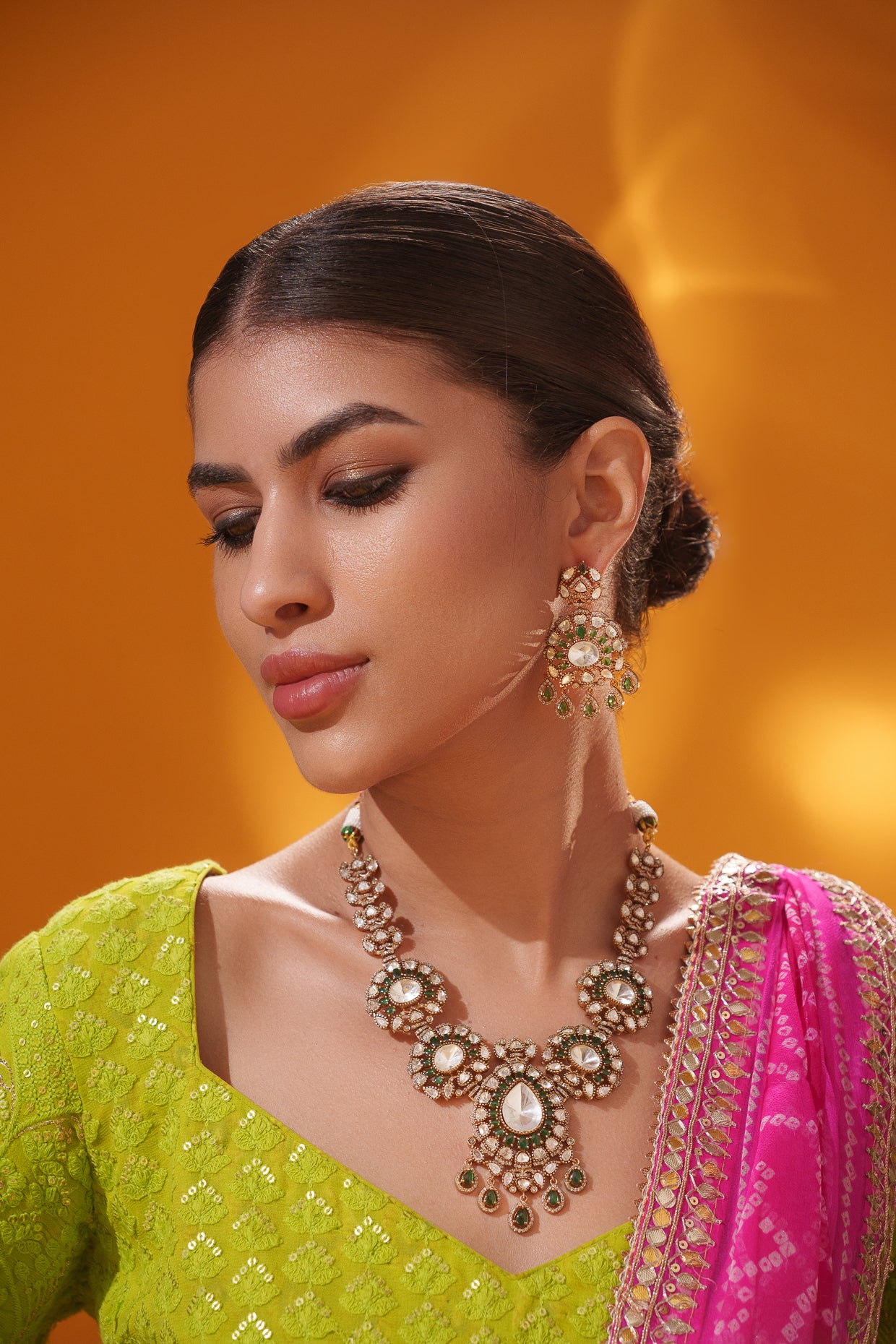 Bold and dramatic polki long necklace set with matching earrings