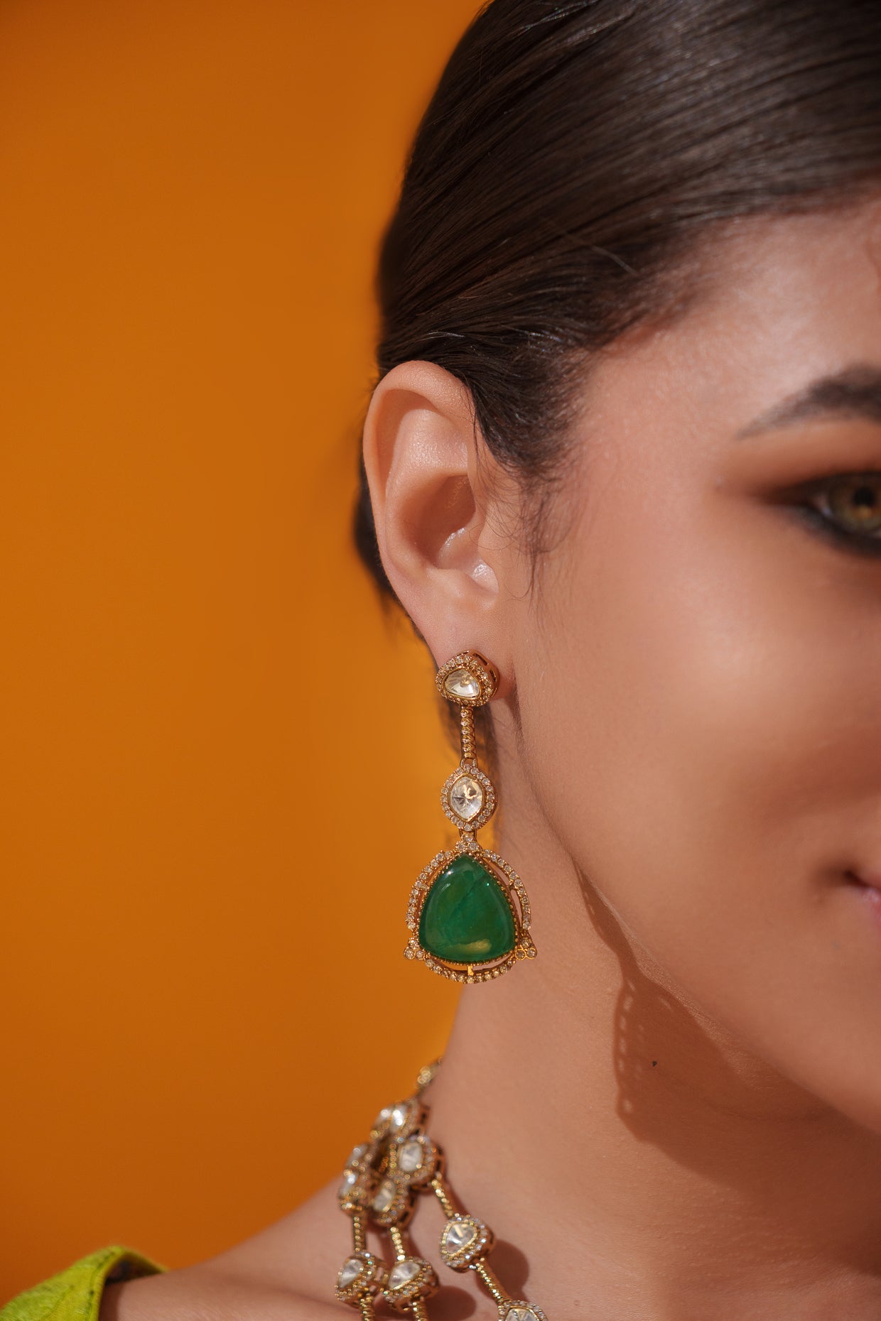 Bold and dramatic two tone kundan long necklace set with matching earrings