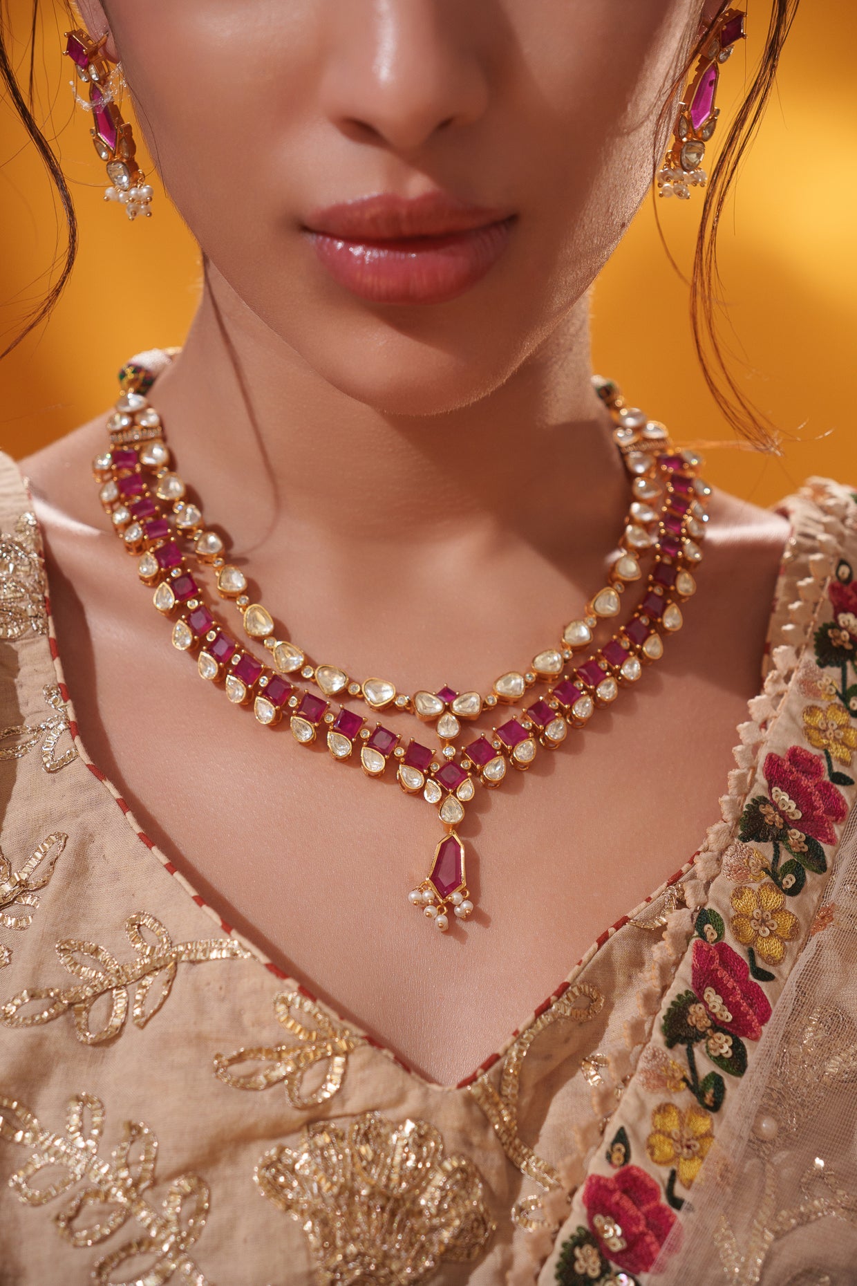 Bold and dramatic moissanite long necklace set with matching earrings