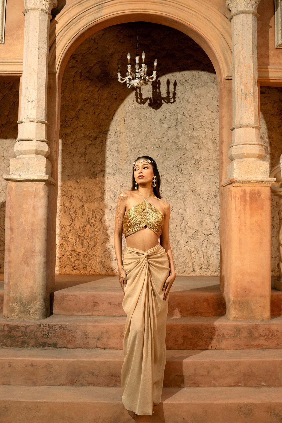 ZEVA SKIRT SET- Knotted draped skirt and v-hem gold top