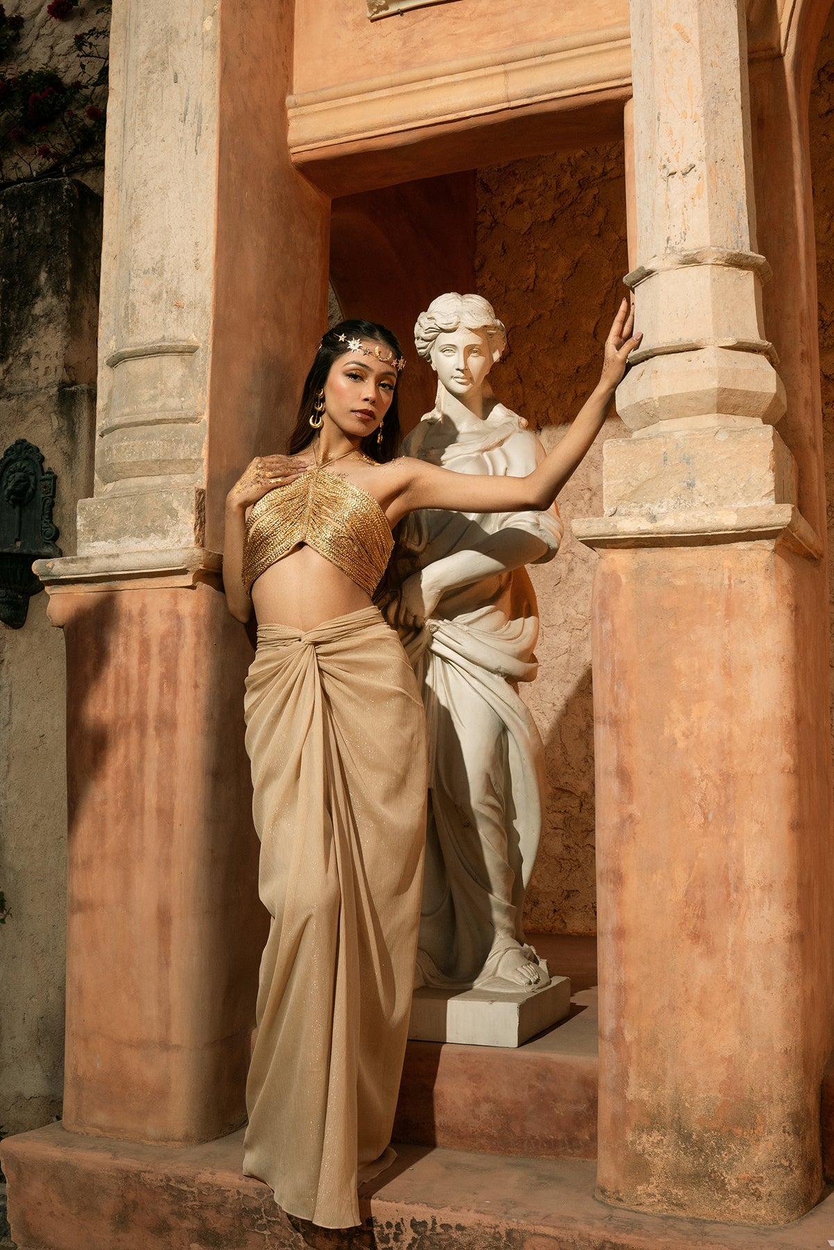 ZEVA SKIRT SET- Knotted draped skirt and v-hem gold top