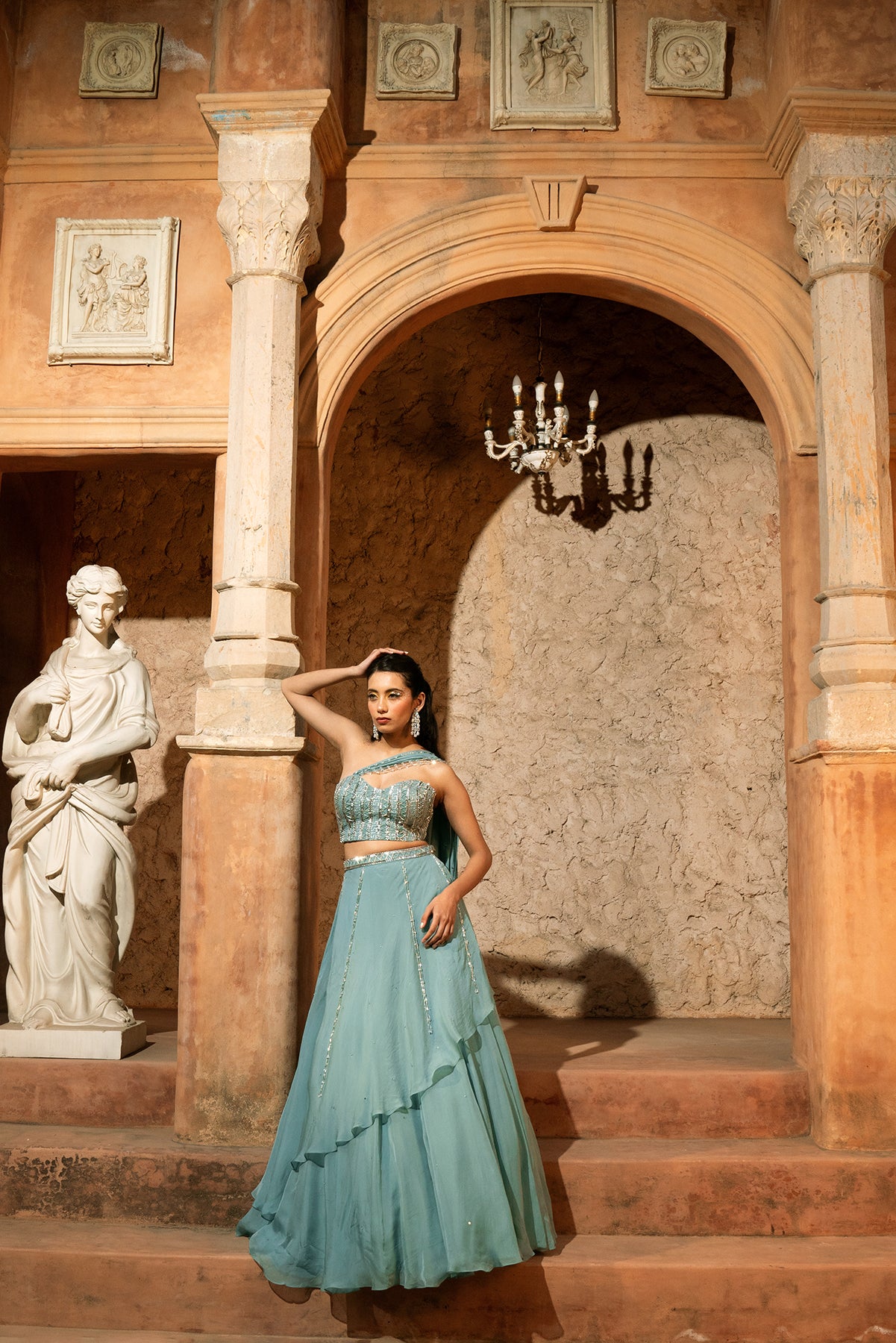 ZEPHYR LEHENGA- Corset blouse and drapes panelled lehenga