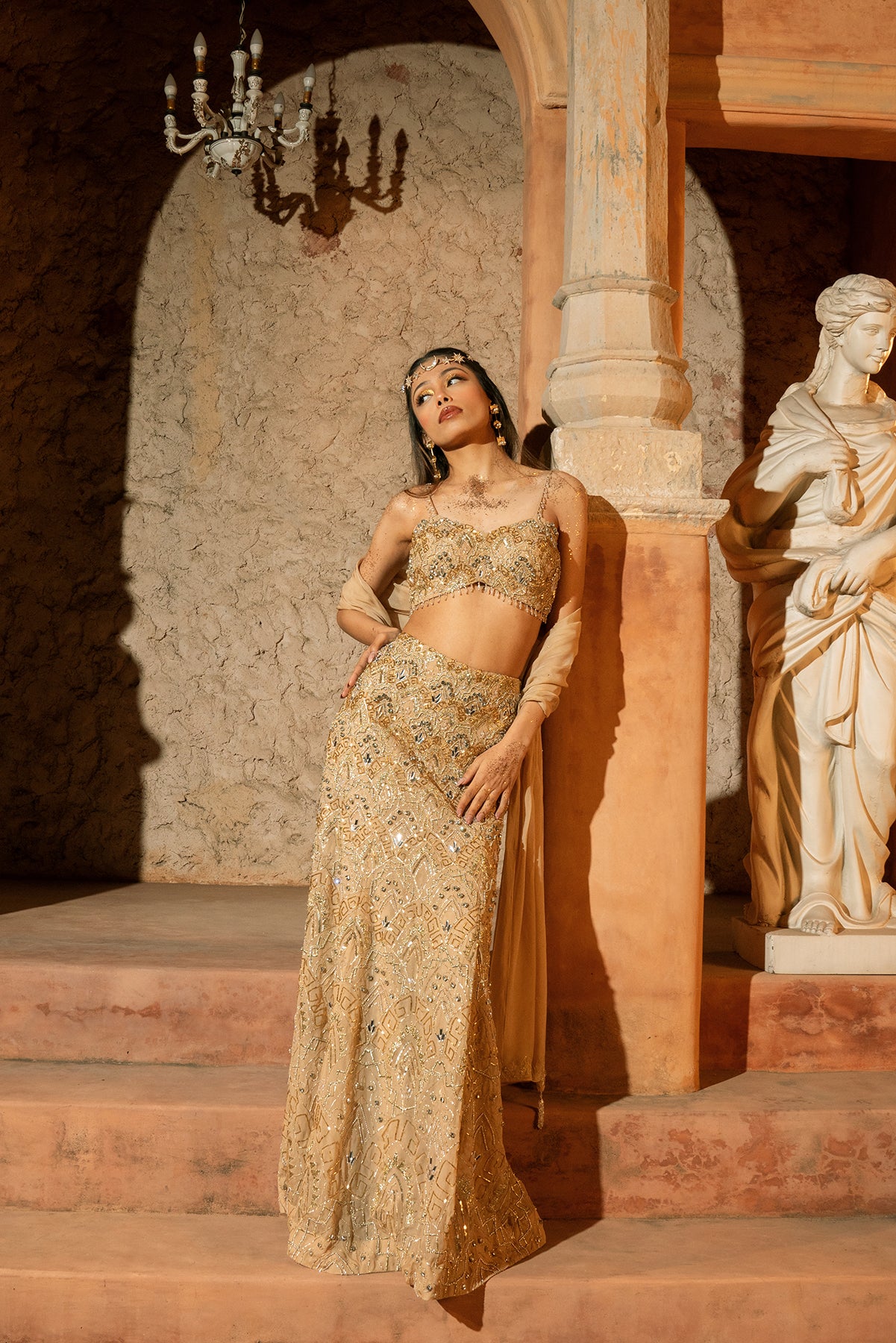 MIDAS SKIRT SET- Embroidered v-hem bustier and skirt with stole