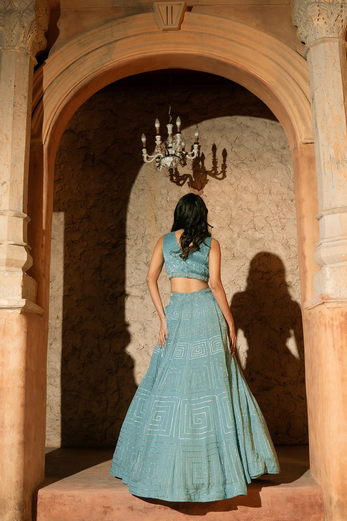 MEANDER LEHENGA-Rucched blouse and lehenga with dupatta