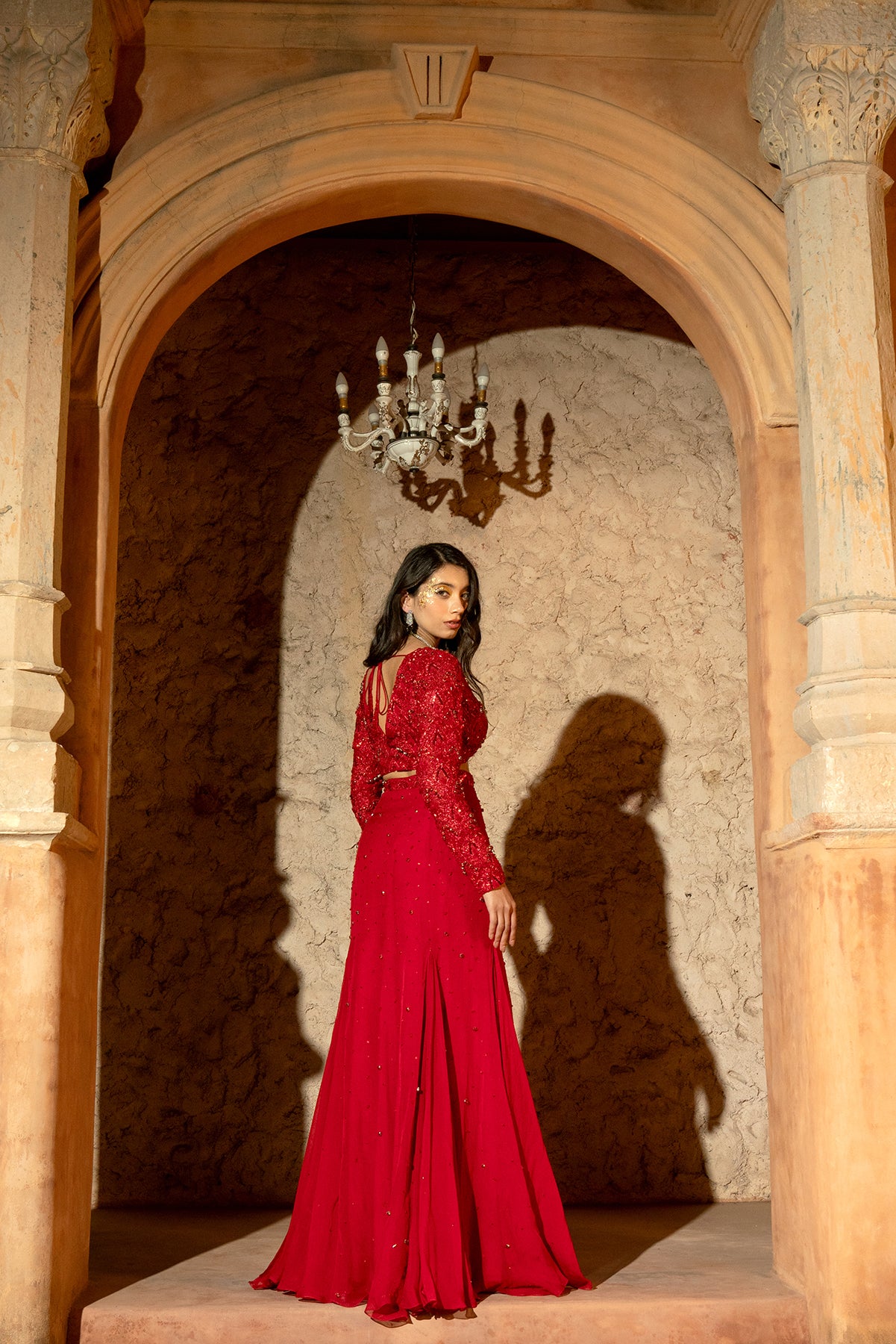 CALISTA SKIRT SET- V-neck blouse and godet panelled skirt set