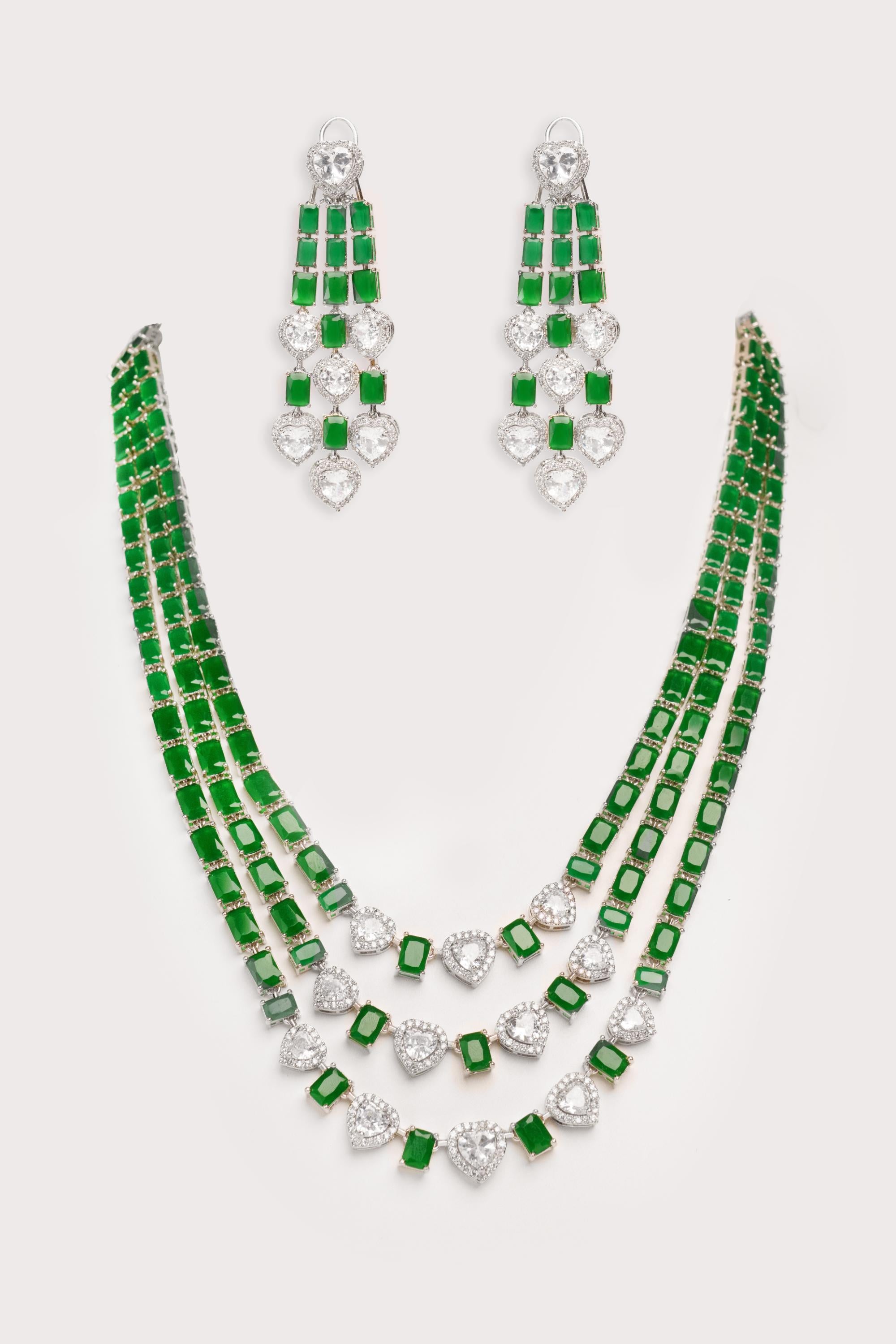 Elegant and classy emerald 3-line diamond necklace set