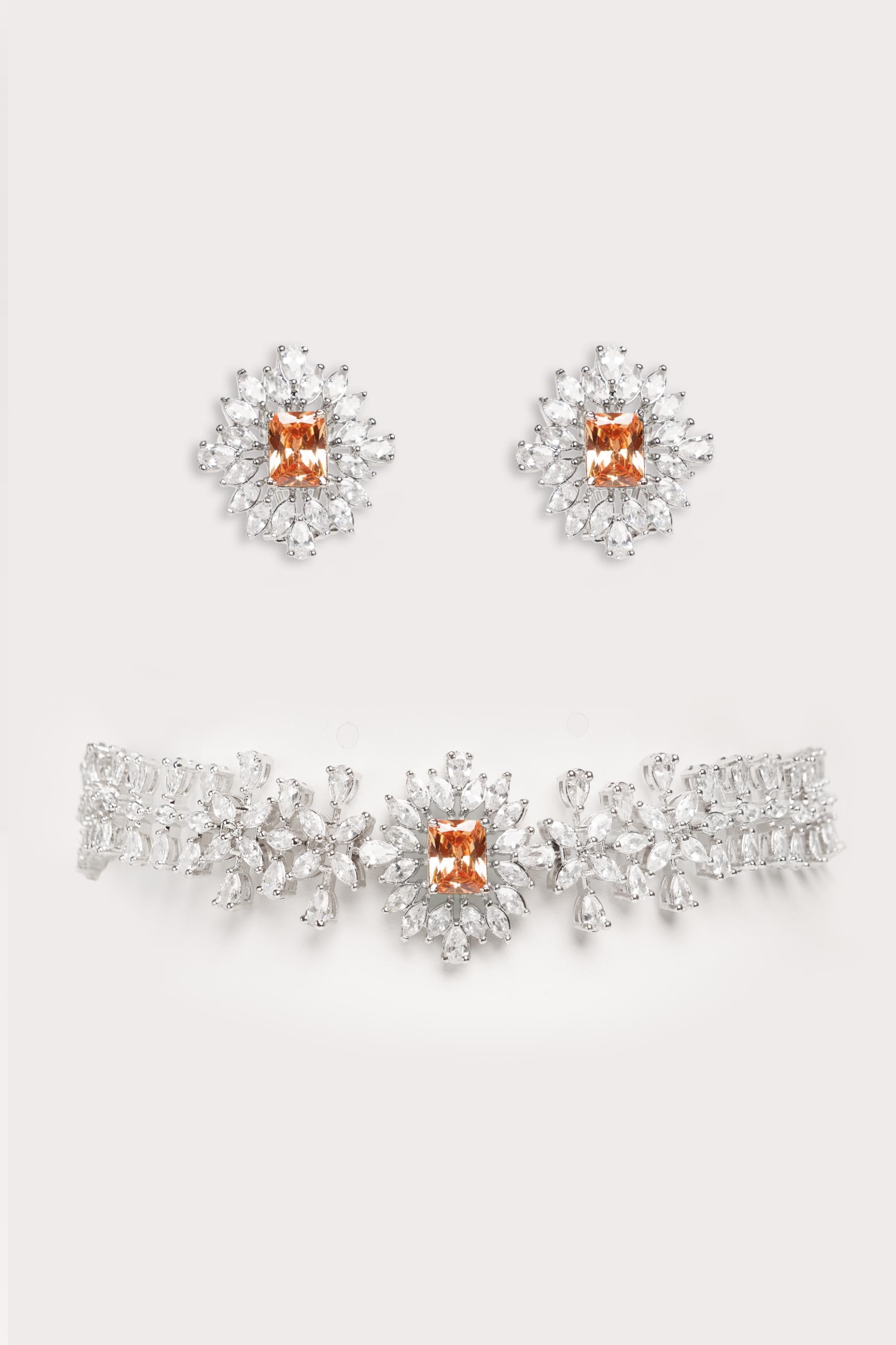 Elegant diamond choker with peach stone and earrings