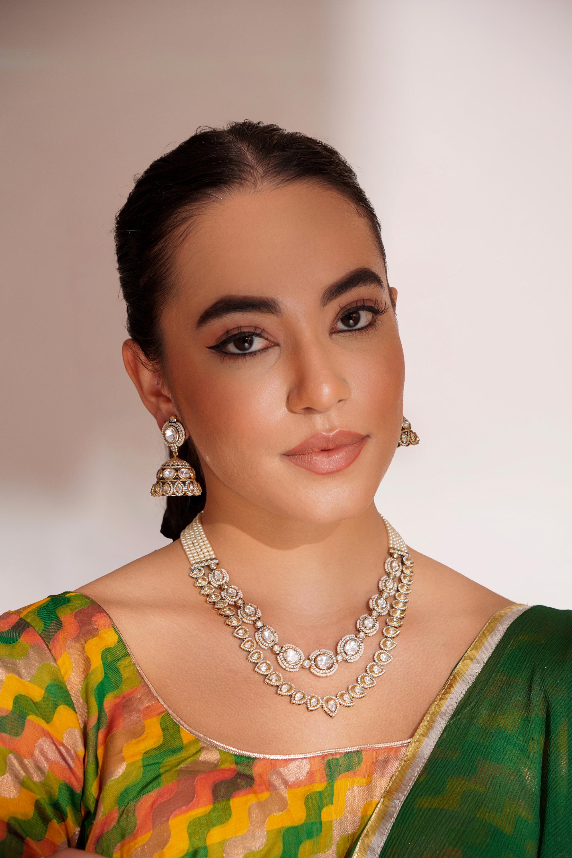 Bold and dramatic 2- line kundan necklace with earrings