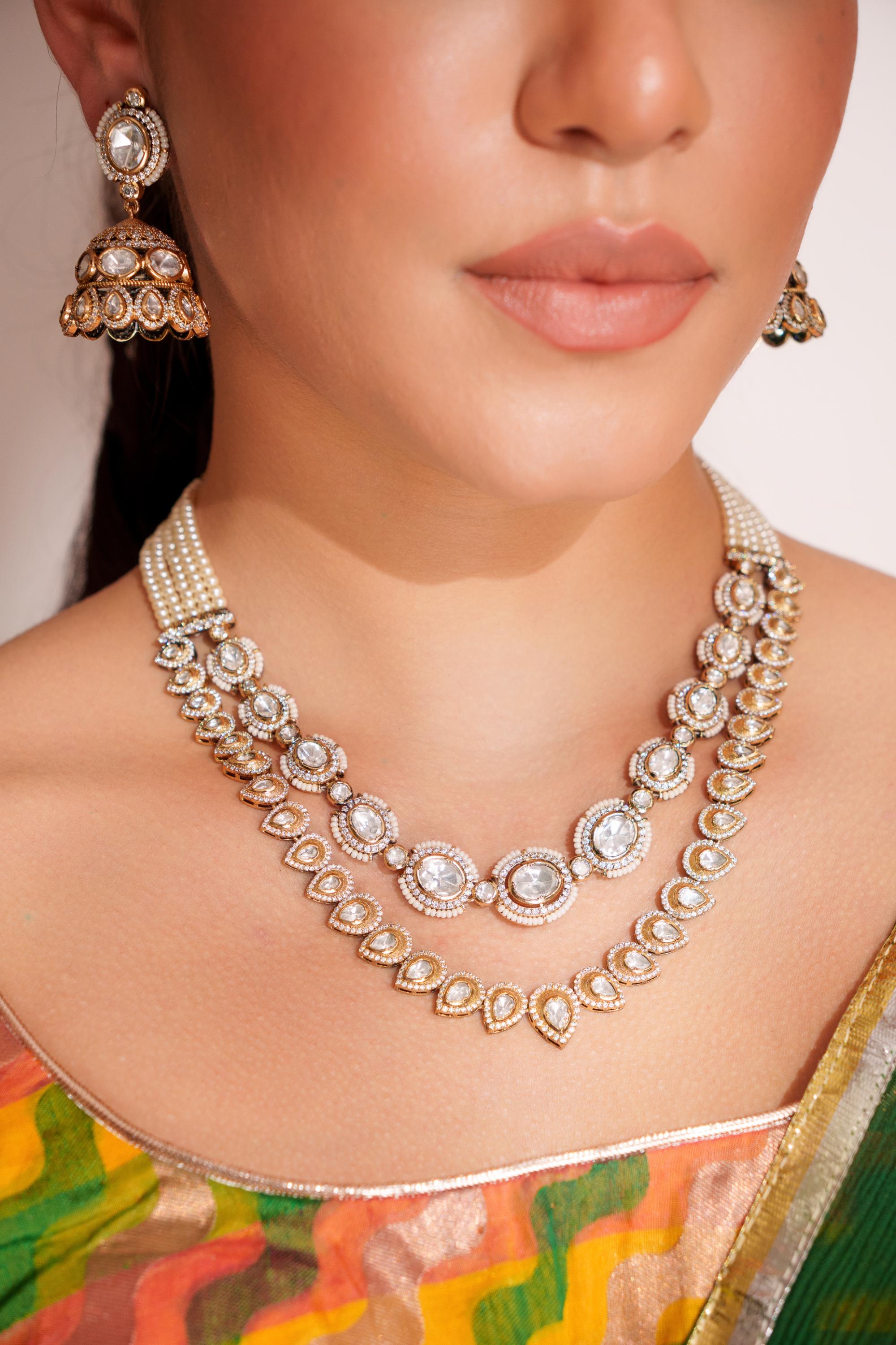 Bold and dramatic 2- line kundan necklace with earrings