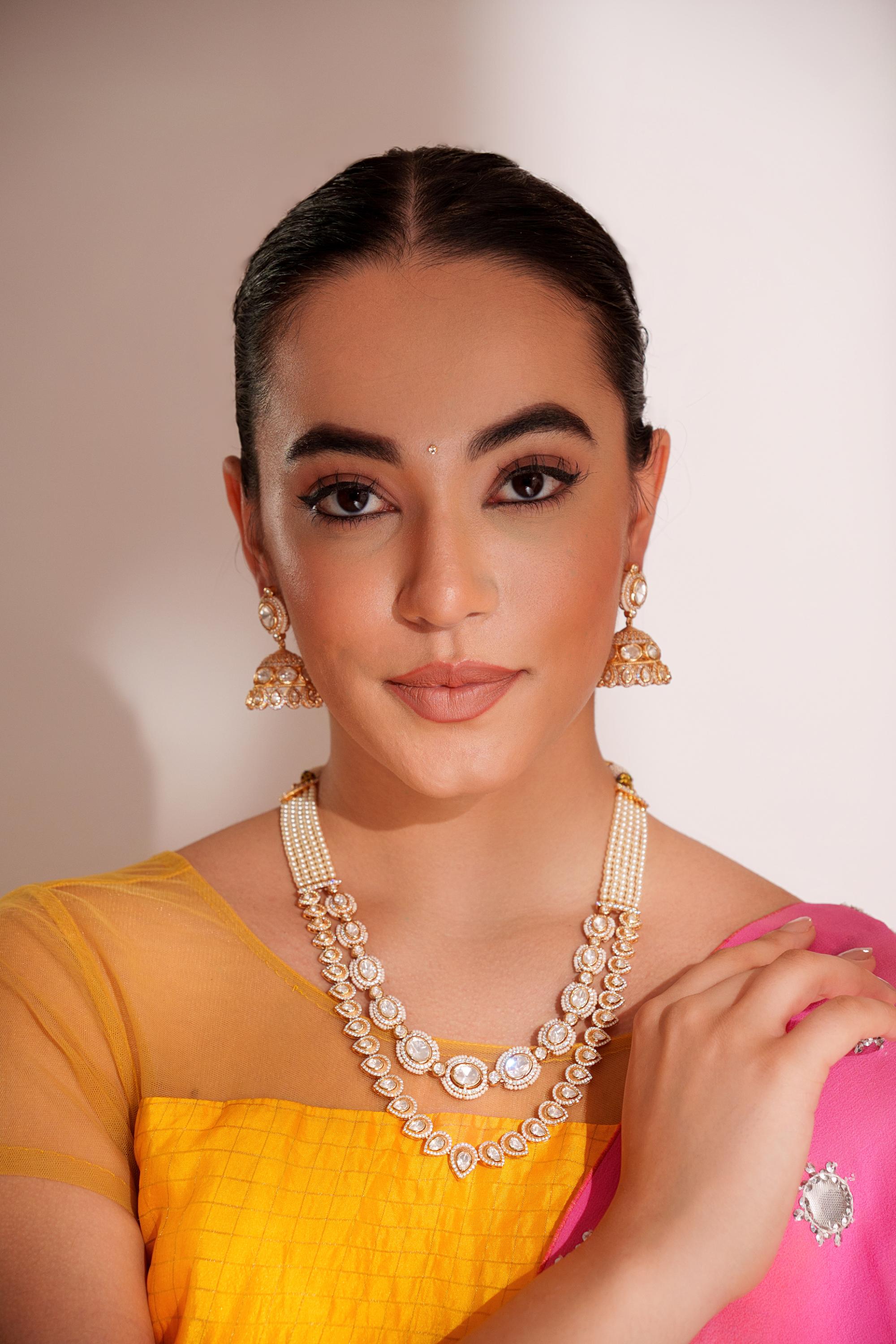Bold and dramatic 2- line kundan necklace with earrings