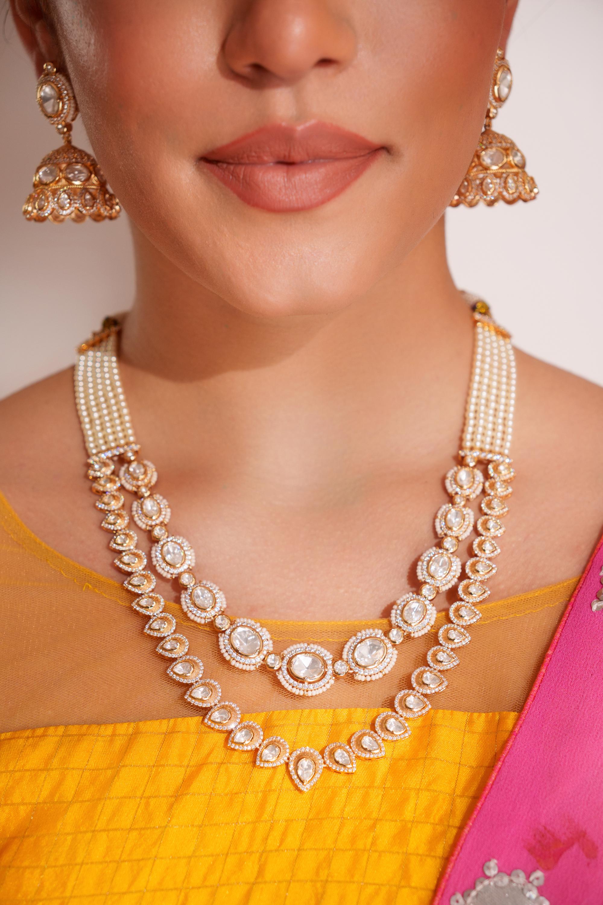 Bold and dramatic 2- line kundan necklace with earrings