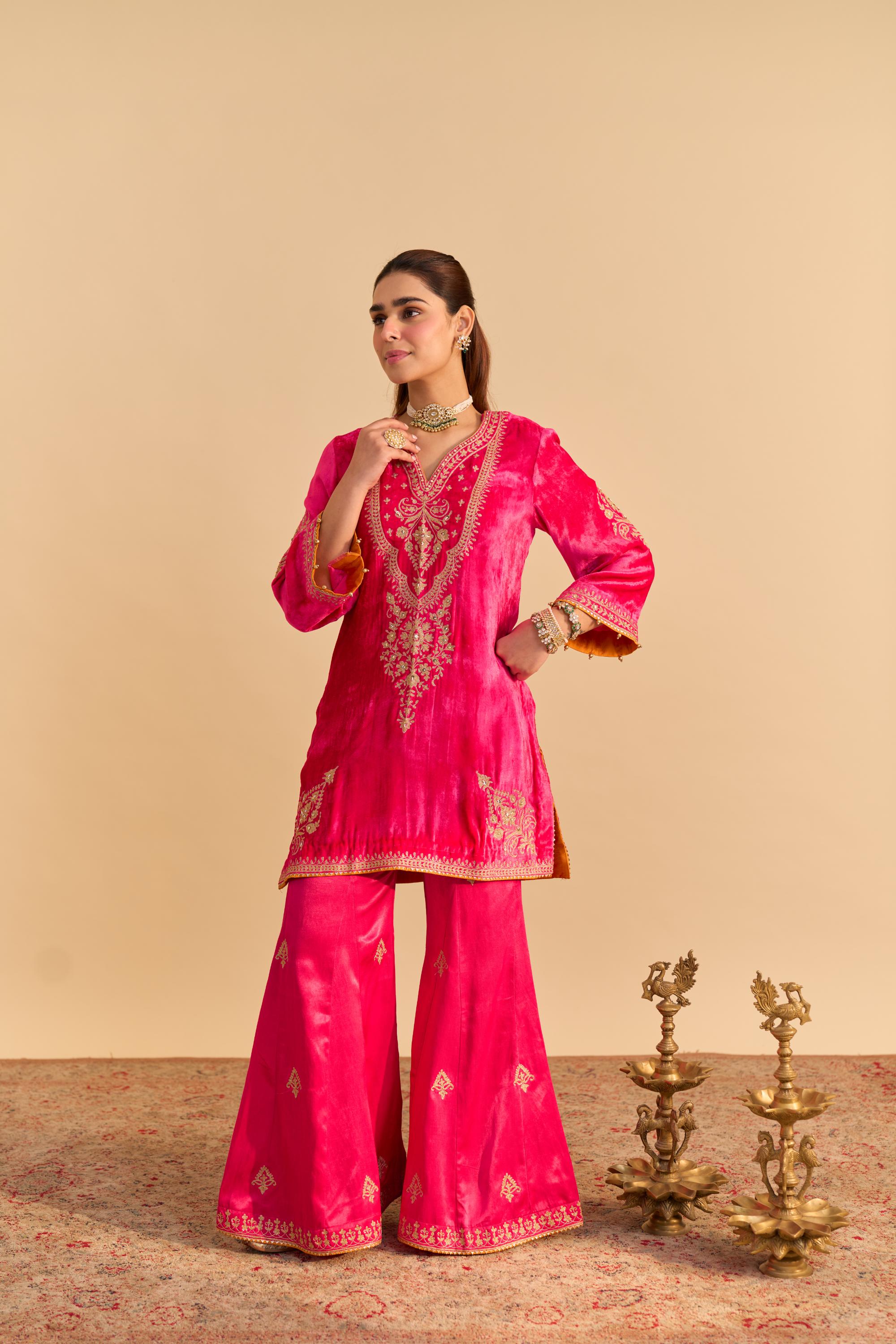 Nooren - Hotpink Kurta with Flared Palazzo and Dupatta