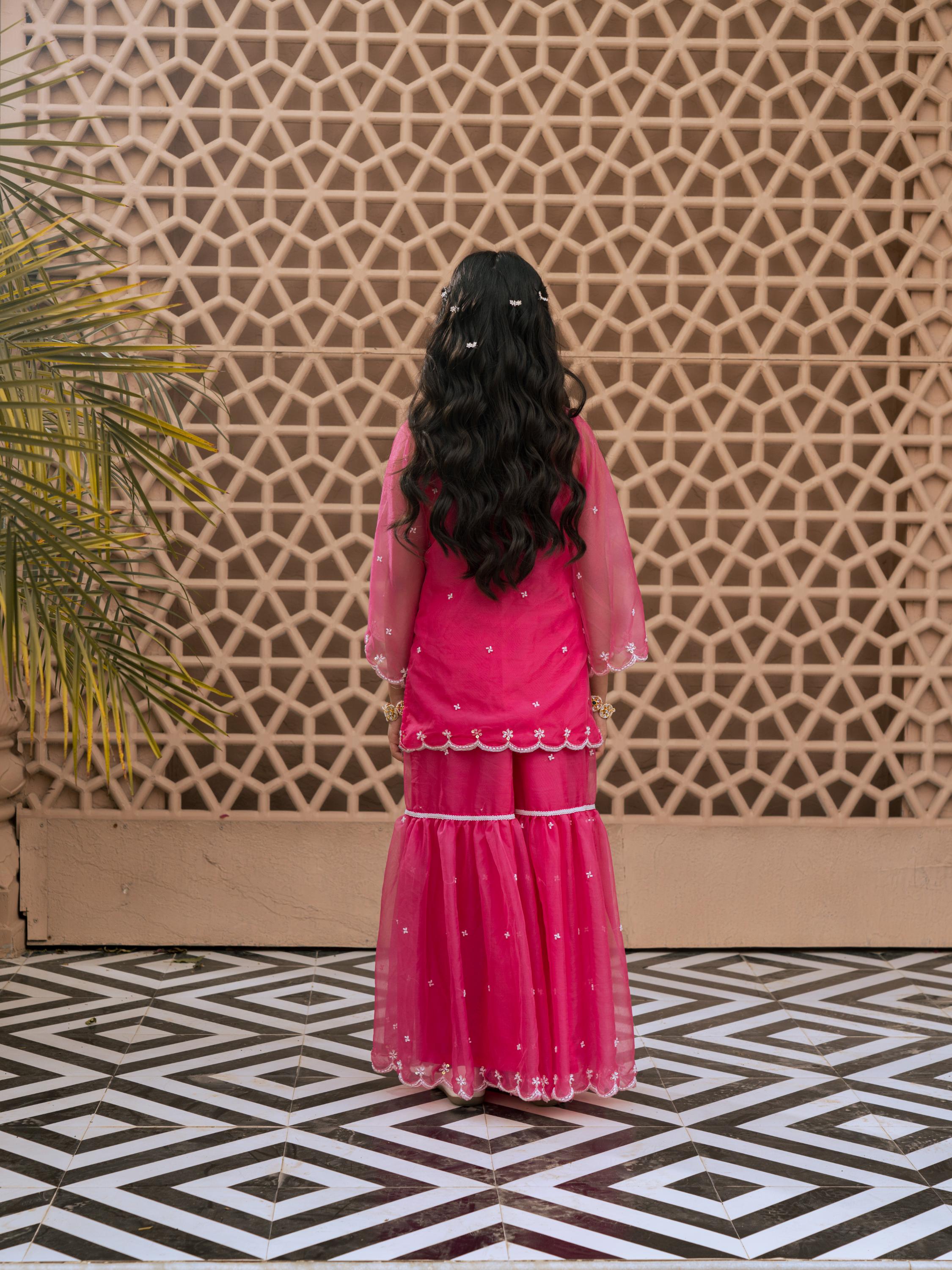 Pink Organza Kurti Sharara Set