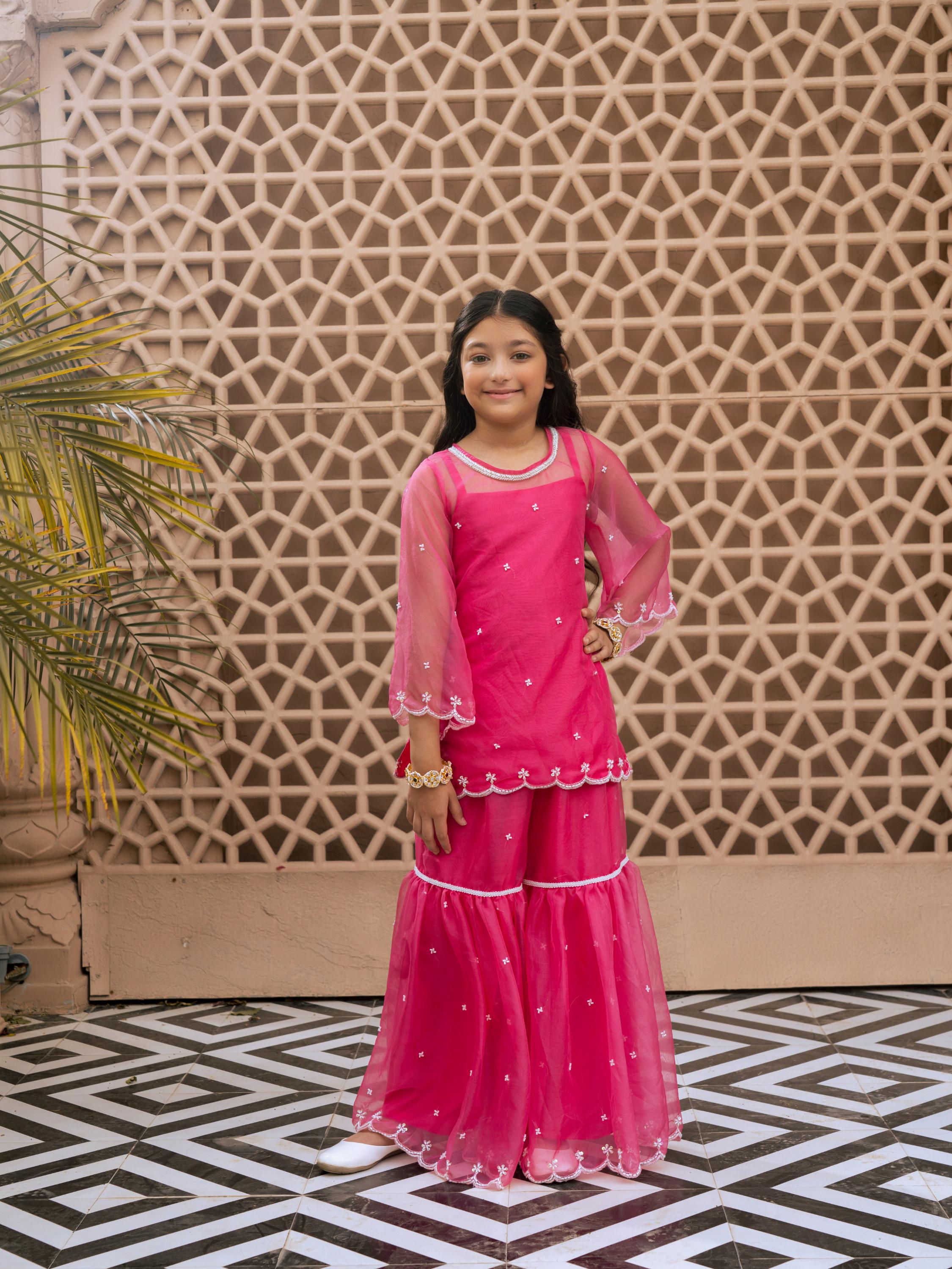 Pink Organza Kurti Sharara Set