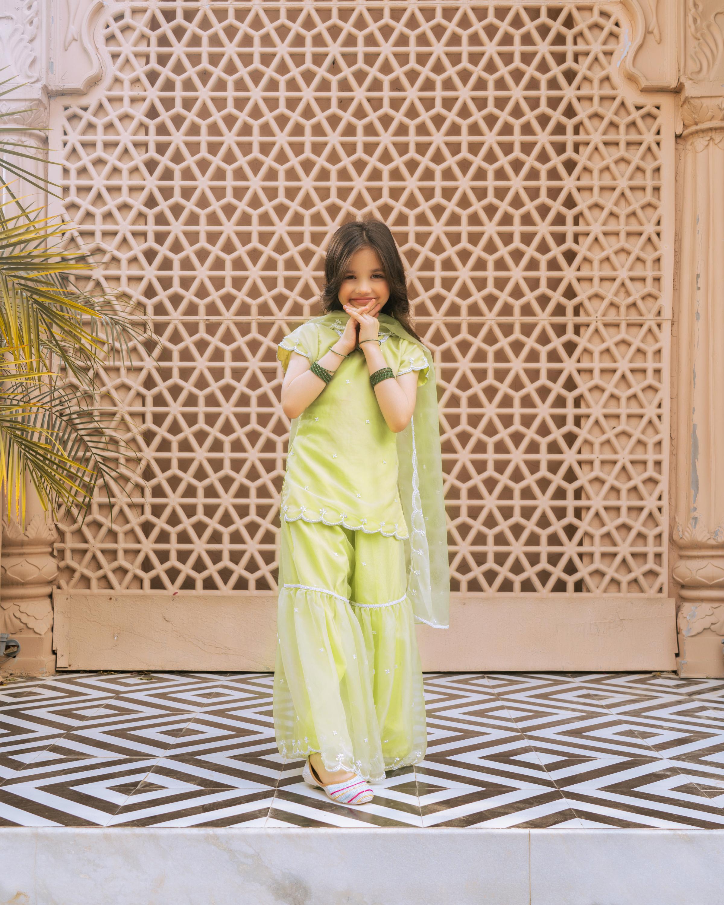 Green Embroidered Organza Kurti Sharara
