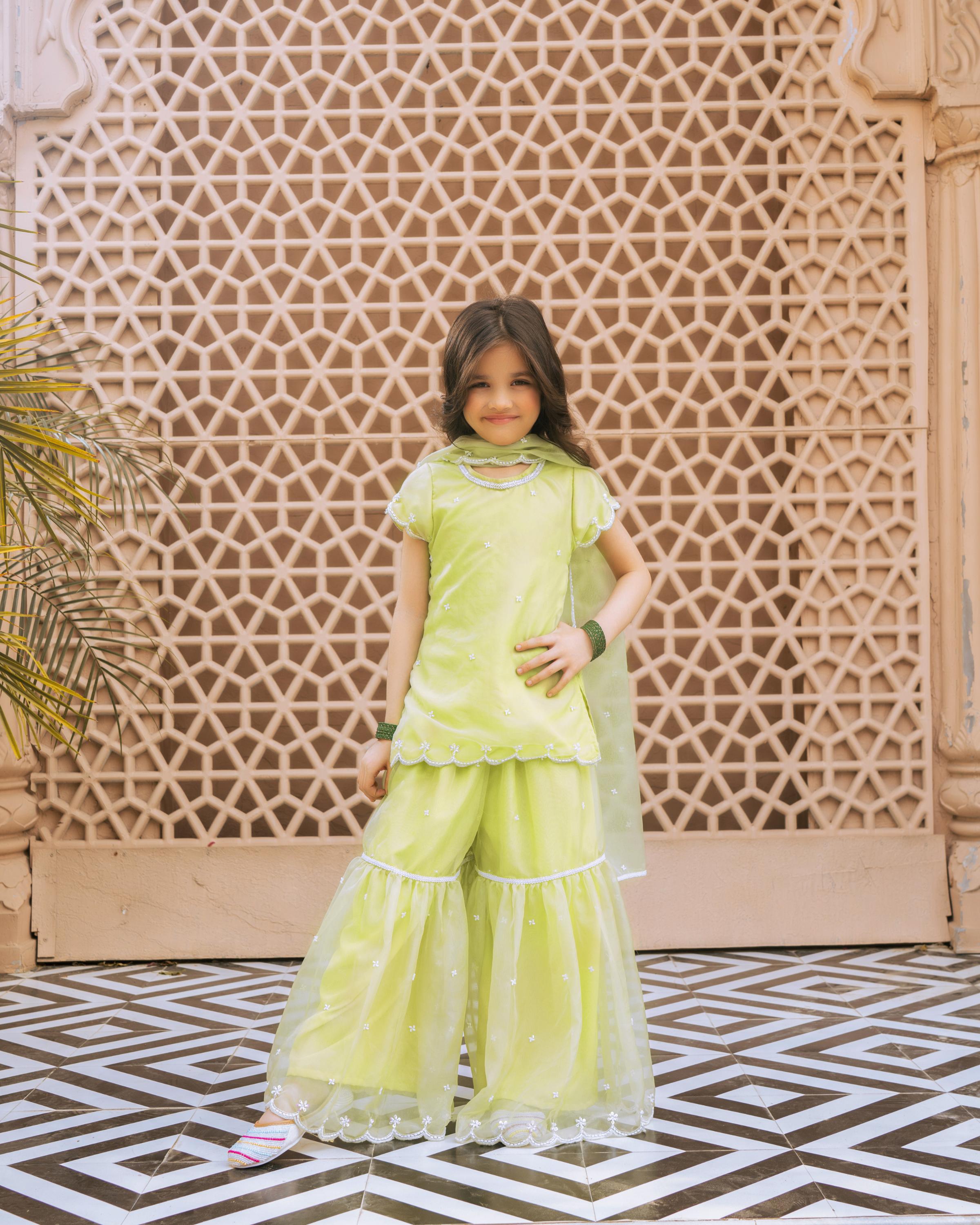 Green Embroidered Organza Kurti Sharara