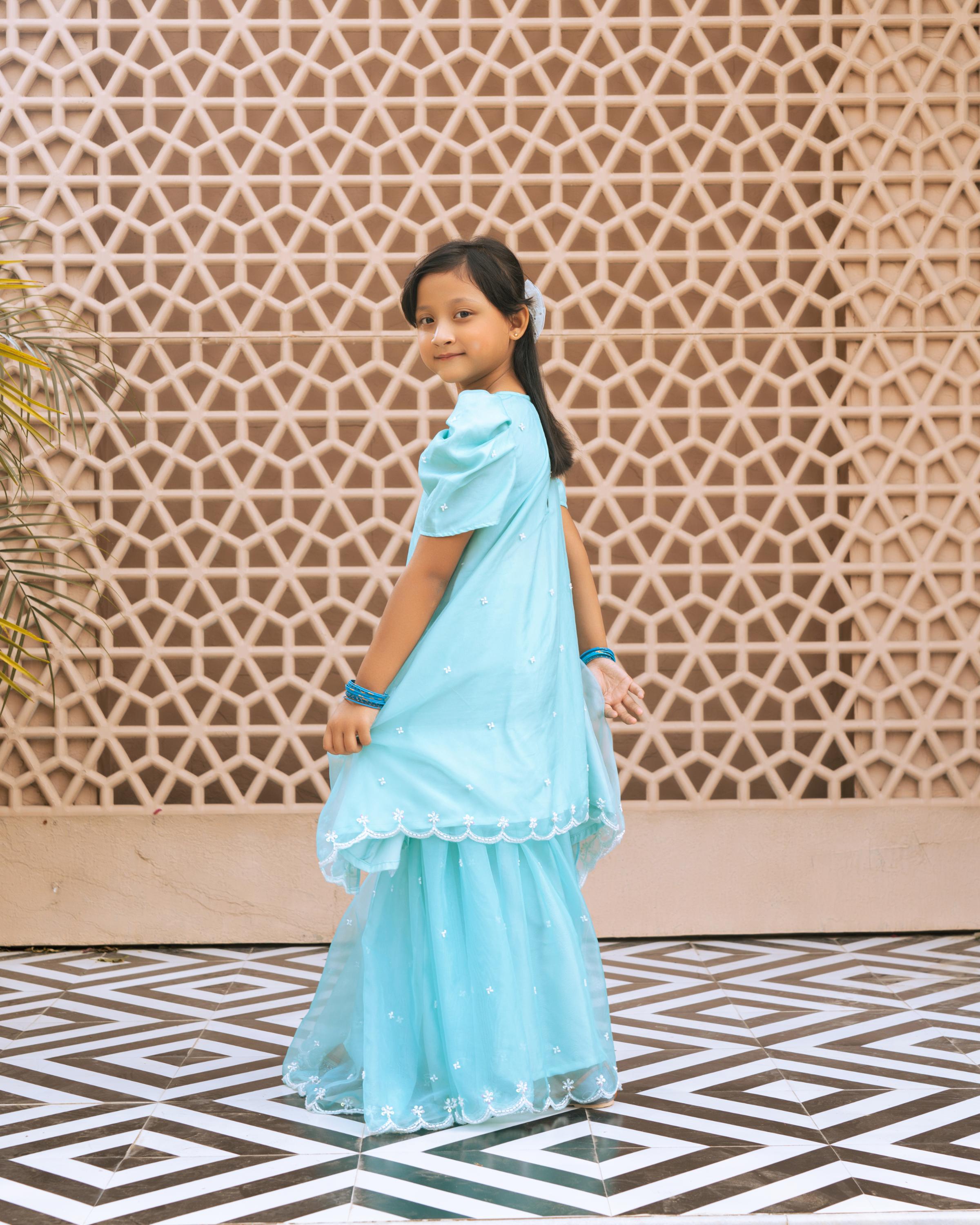 Aqua Embroidered Organza Kurti Sharara