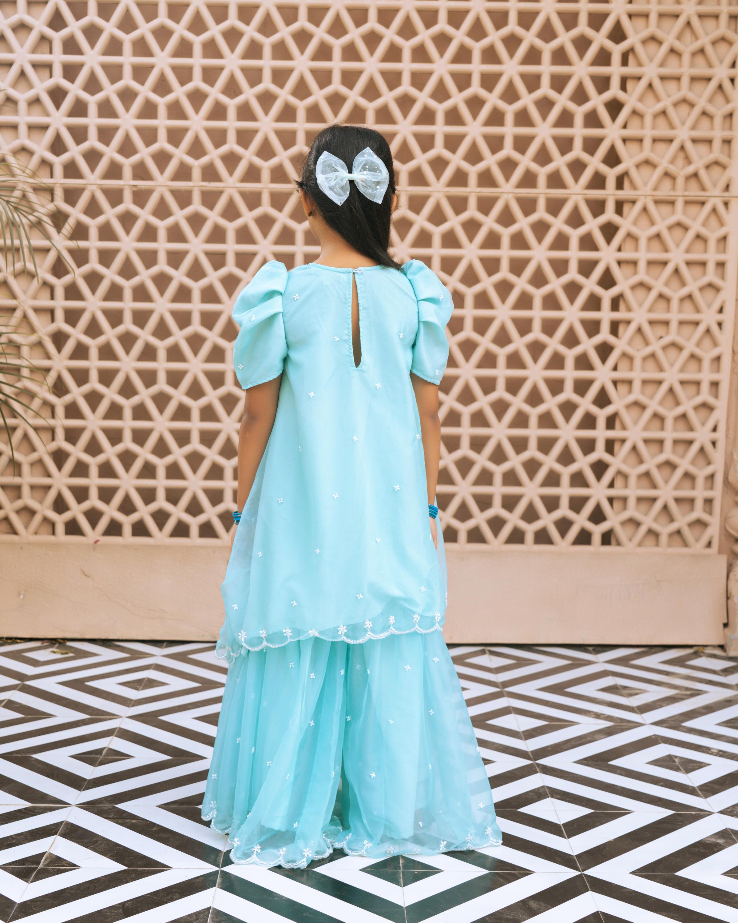 Aqua Embroidered Organza Kurti Sharara