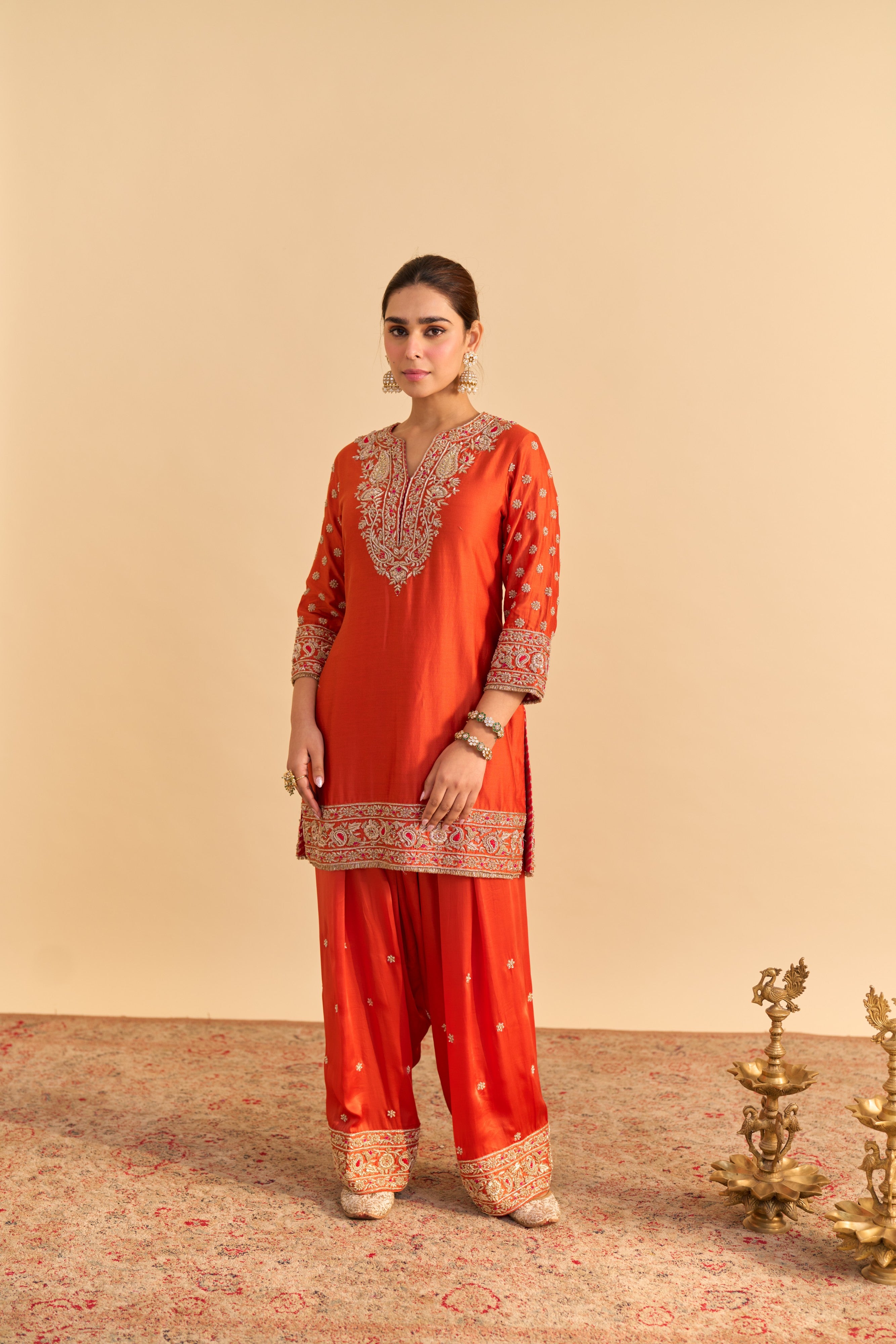 Naseha Burnt orange Dabka Zardozi Embroidered Short kurta Set