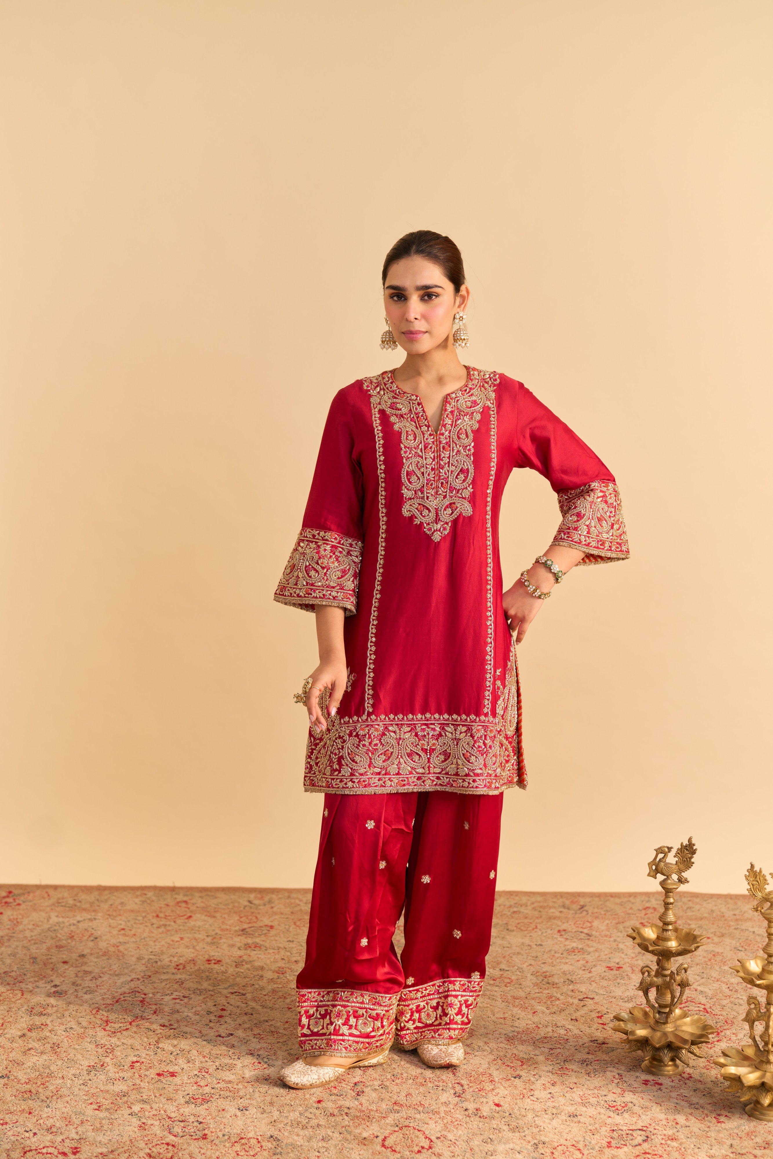 Dua Deep red Dabka Zardozi Embroidered Short kurta Set
