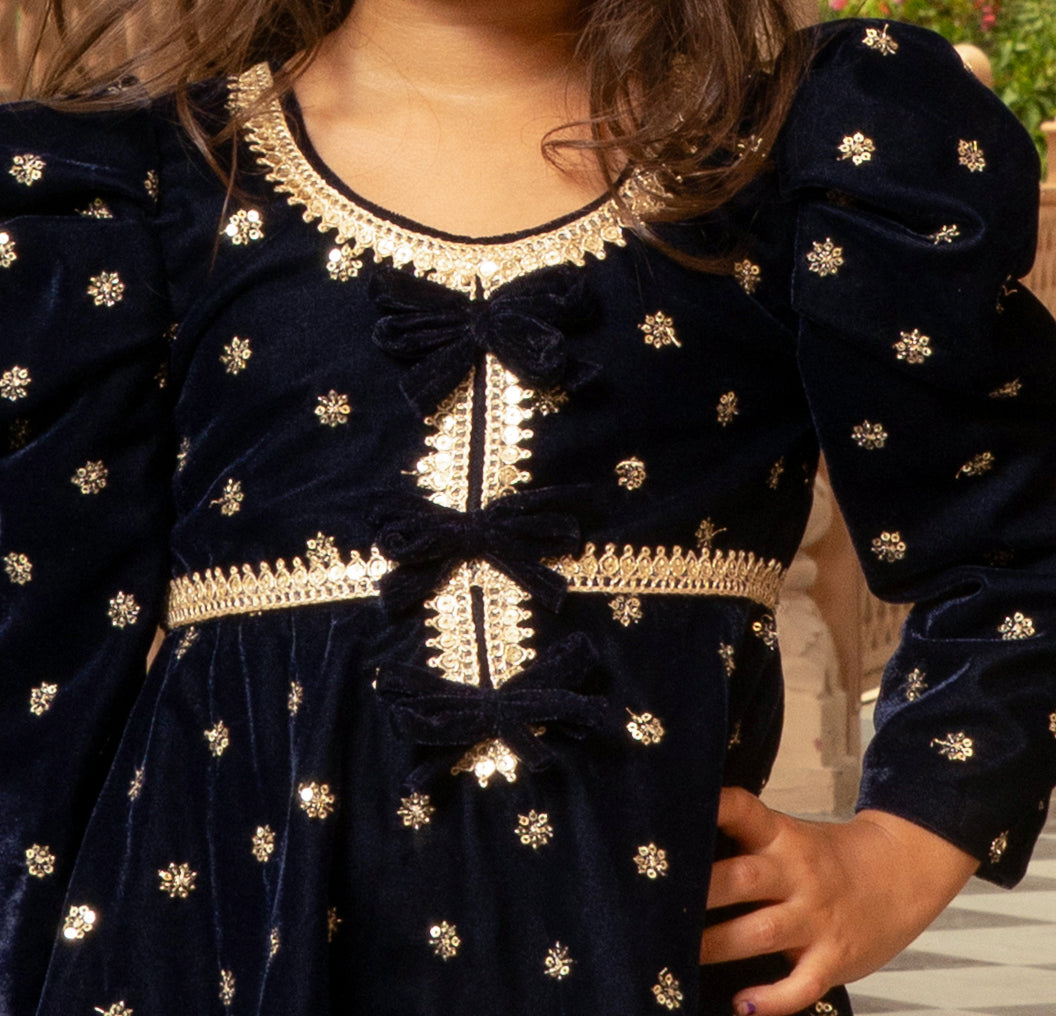 Blue Boti Velvet Kurti Salwar Set