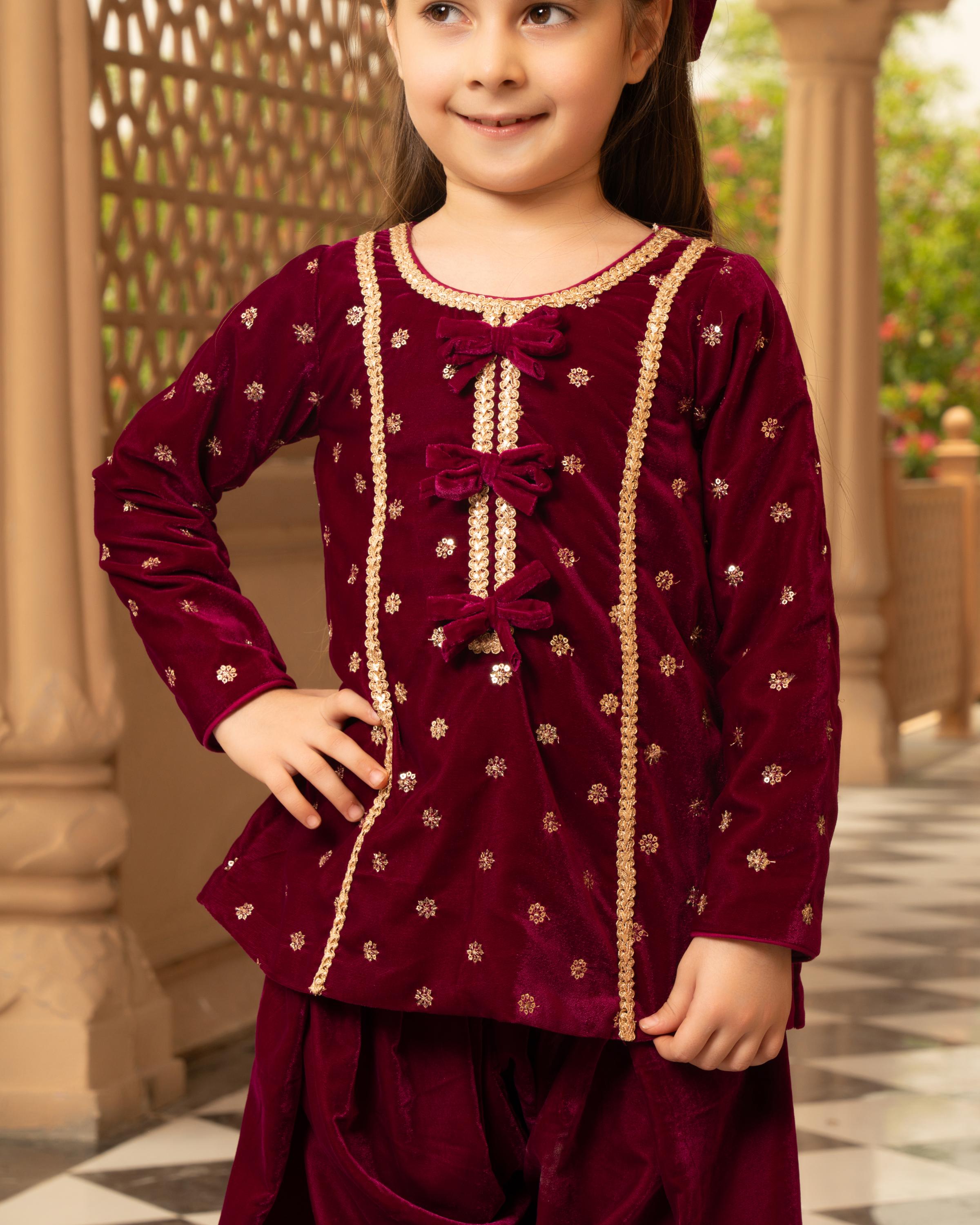 Pink Boti Velvet Kurti Salwar Set