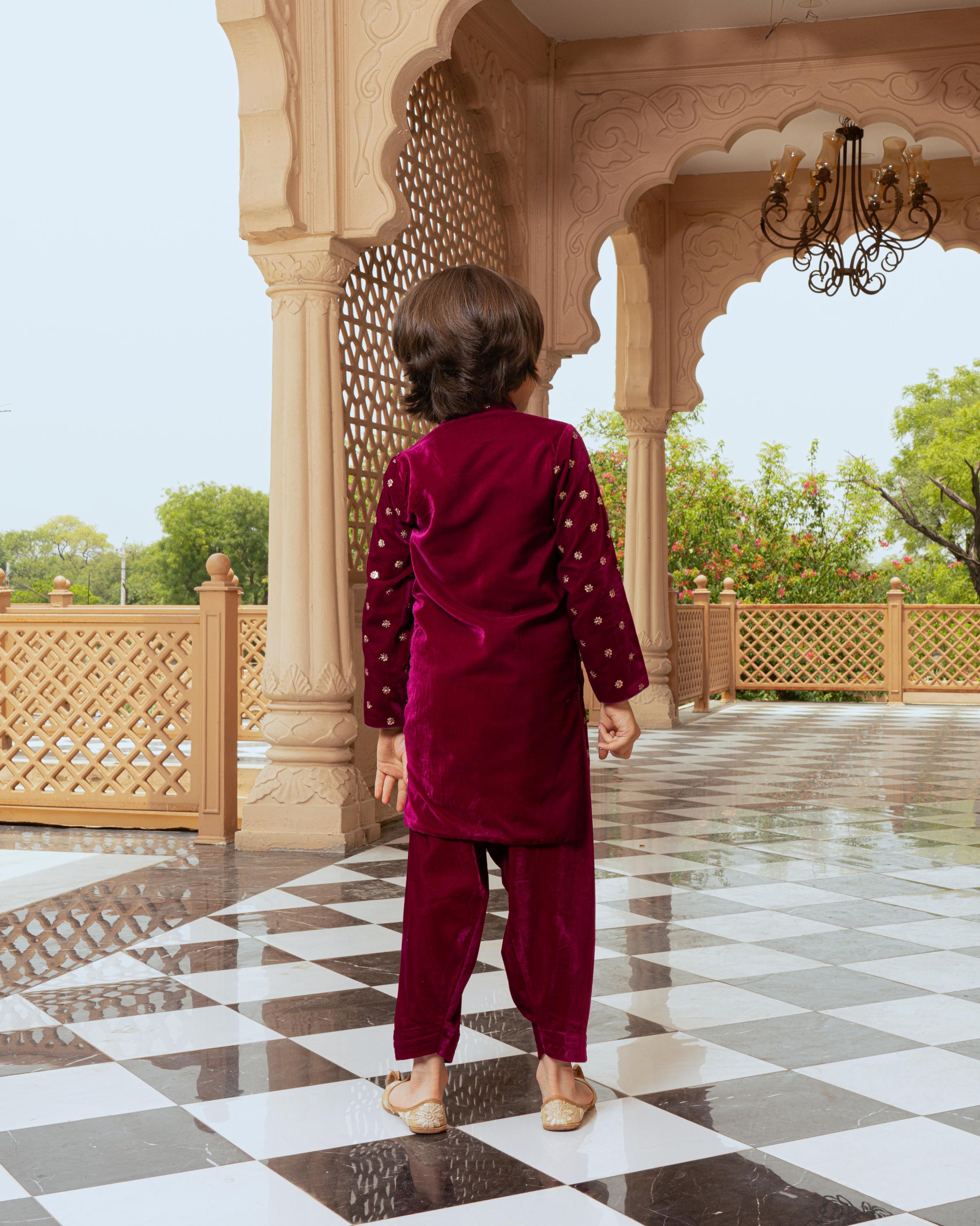 Maroon Sequence Boti Velvet Kurta with Salwar