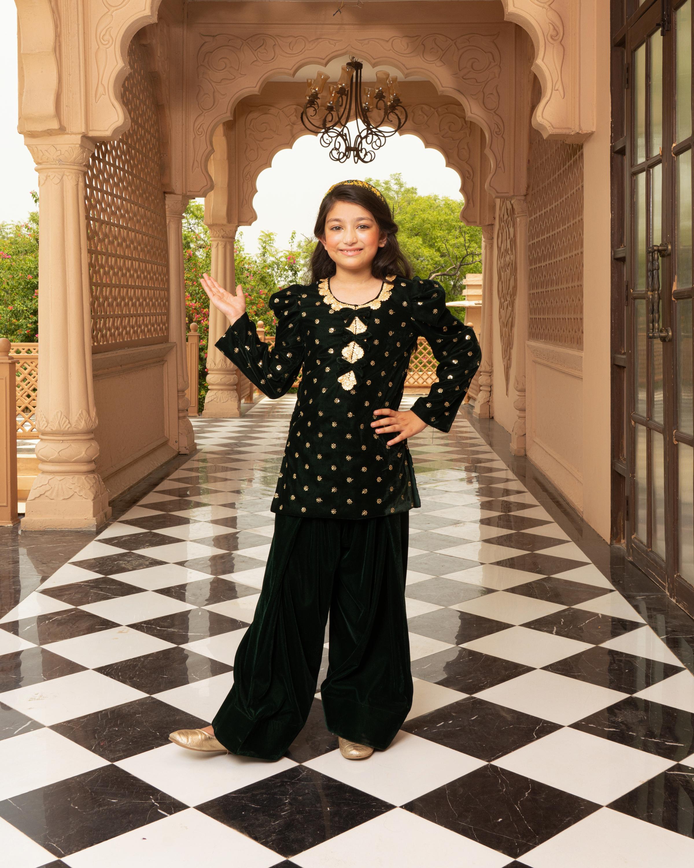 Green Boti Velvet Kurti Salwar Set