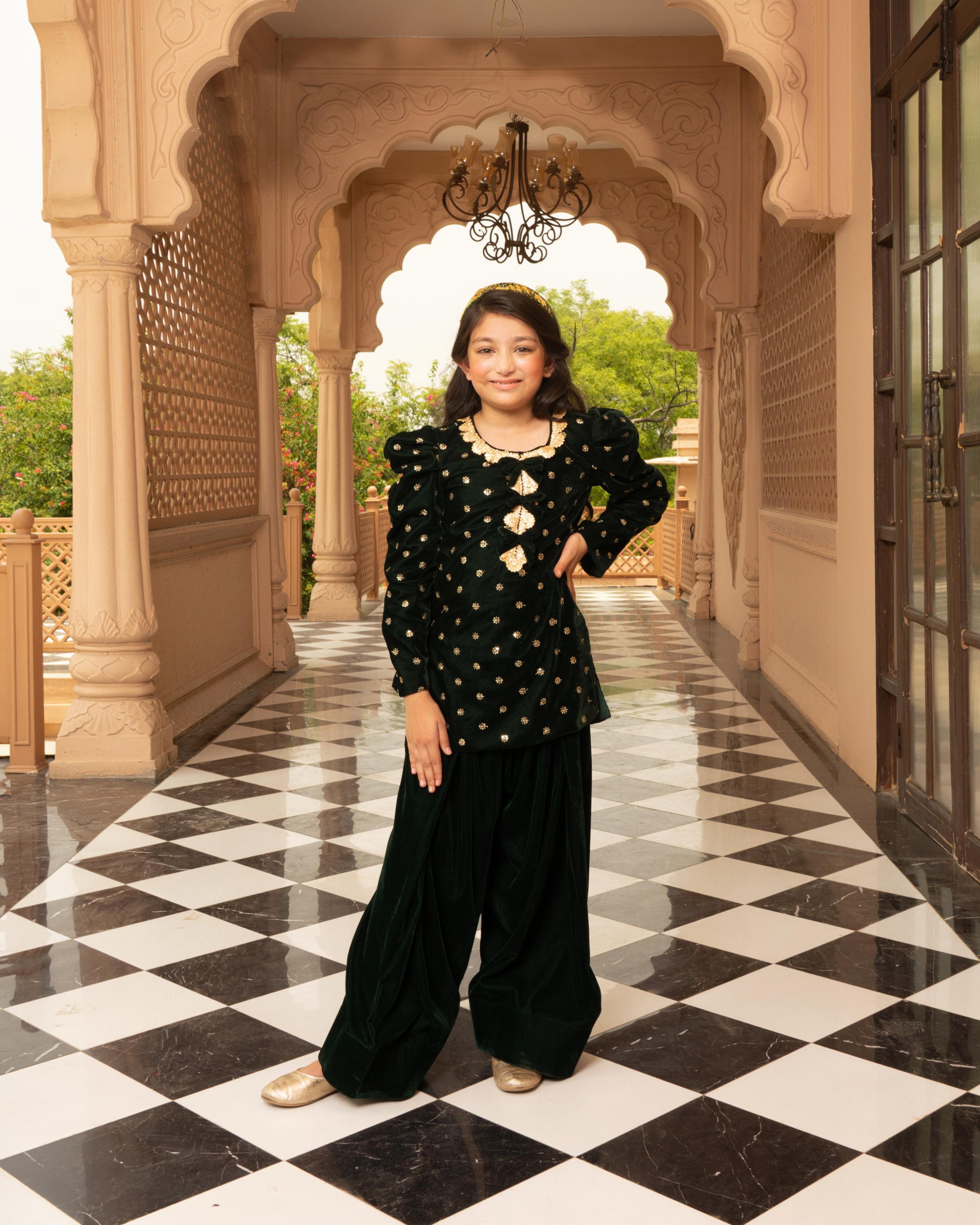 Green Boti Velvet Kurti Salwar Set