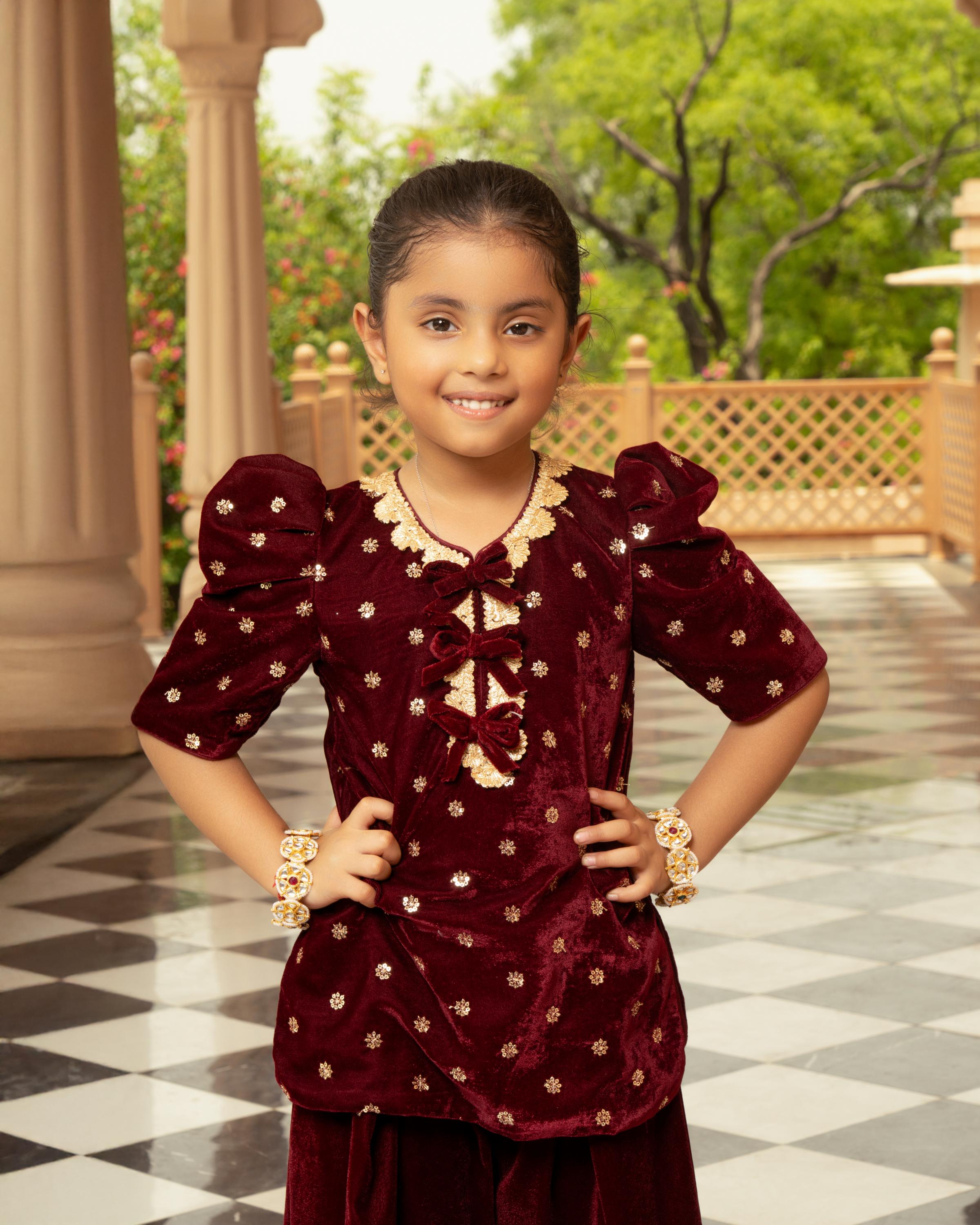 Maroon Boti Velvet Kurti with Salwar