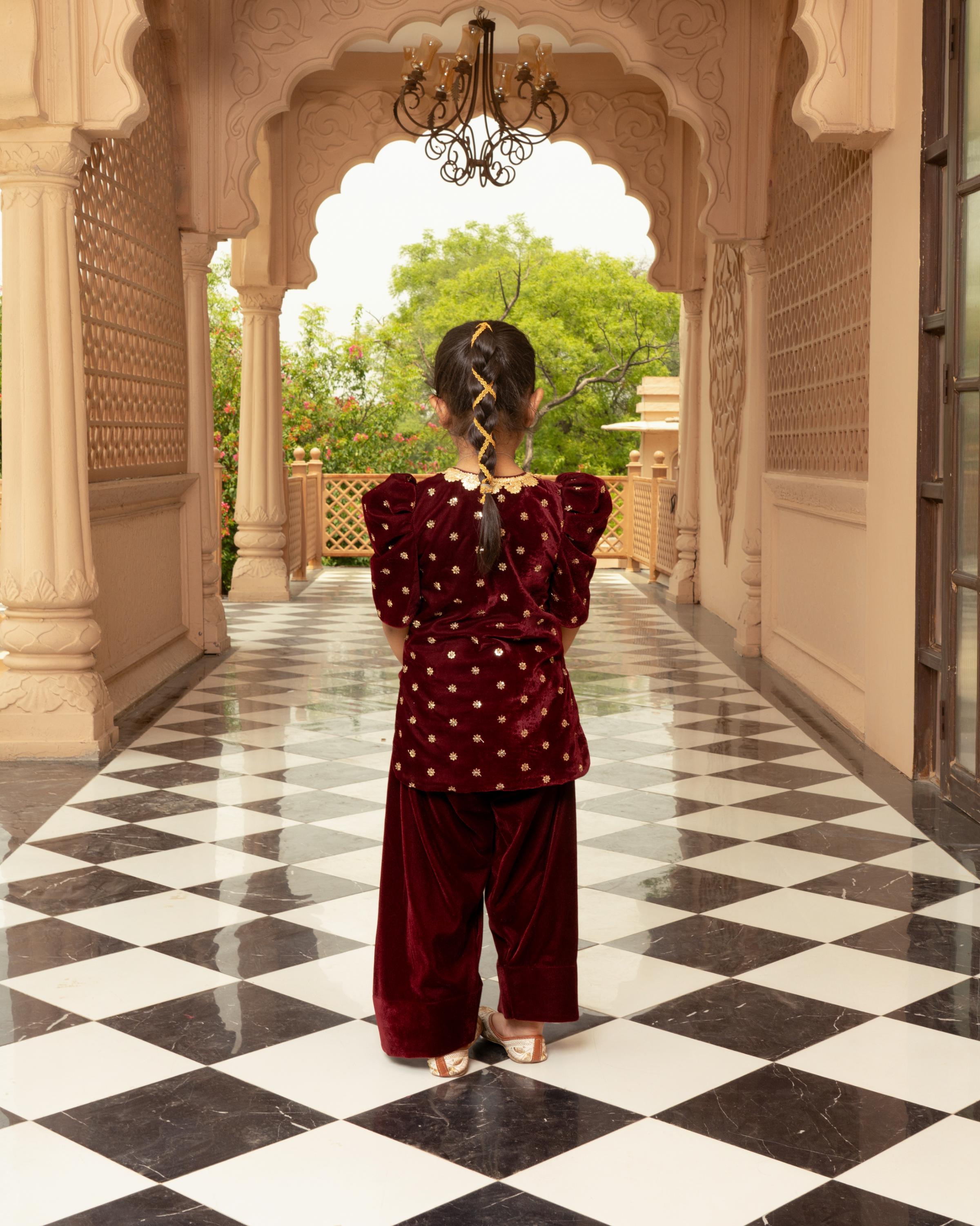 Maroon Boti Velvet Kurti with Salwar