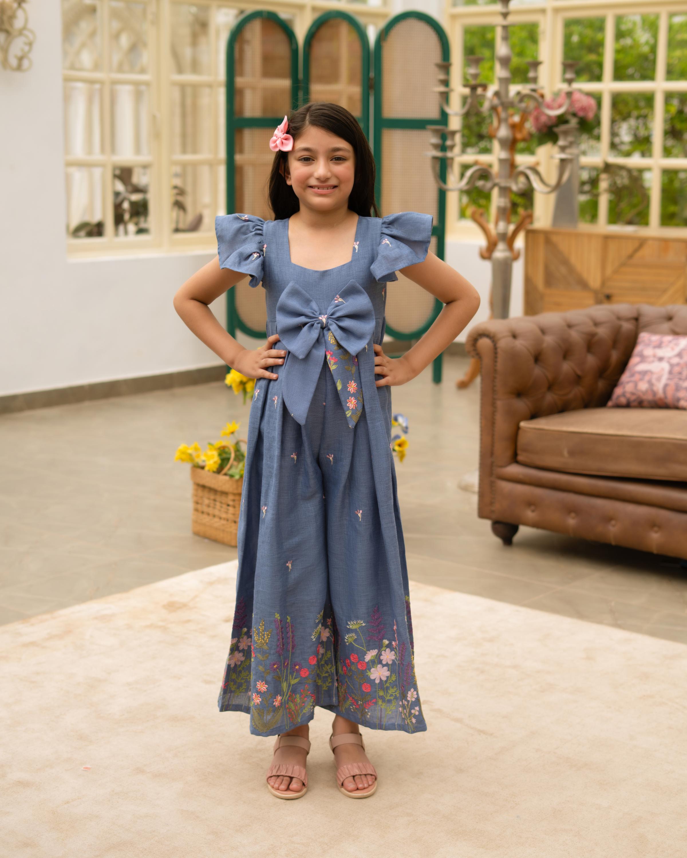 Blue Embroidered Denim Jumpsuit