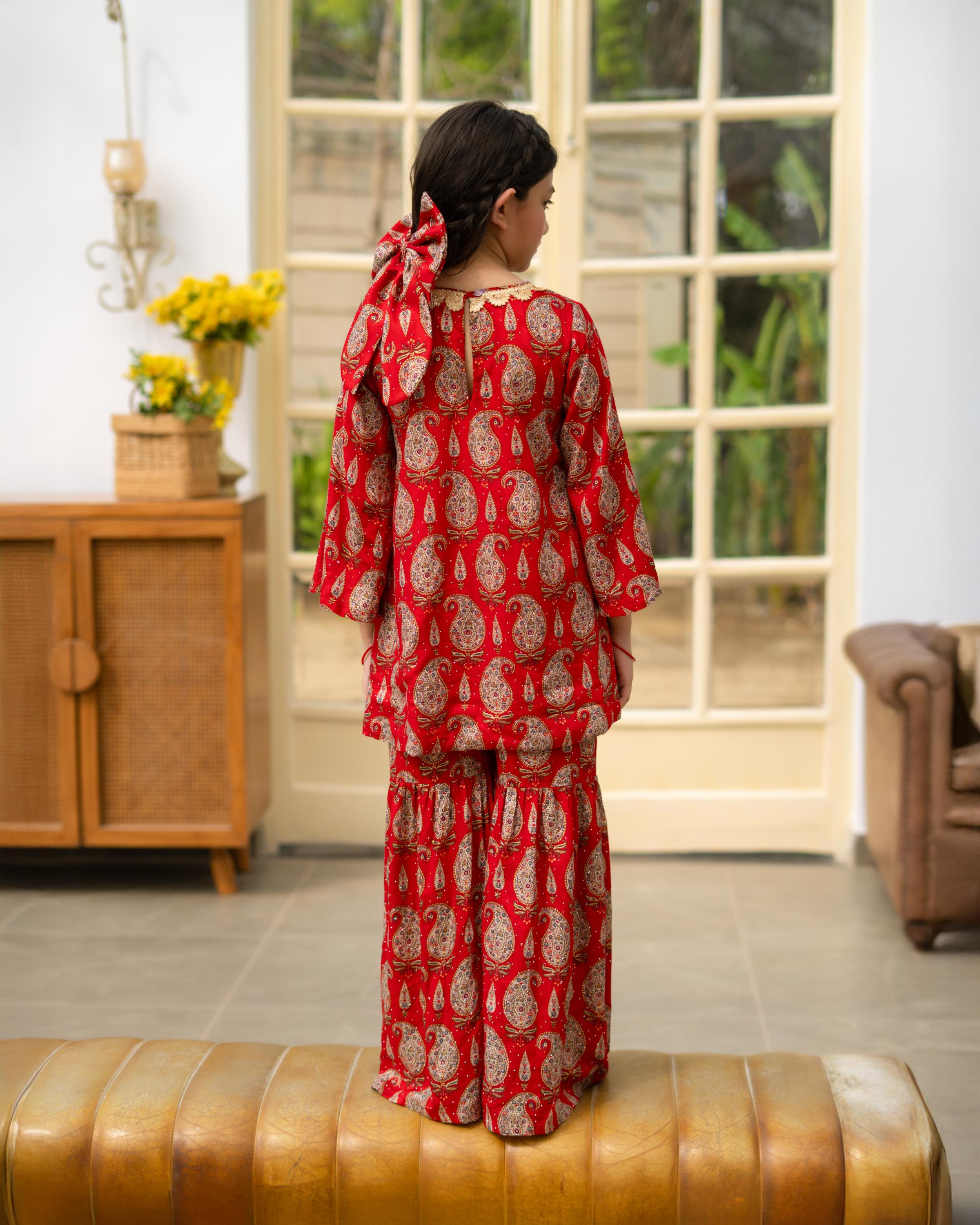 Red Printed Kurti Sharara Set