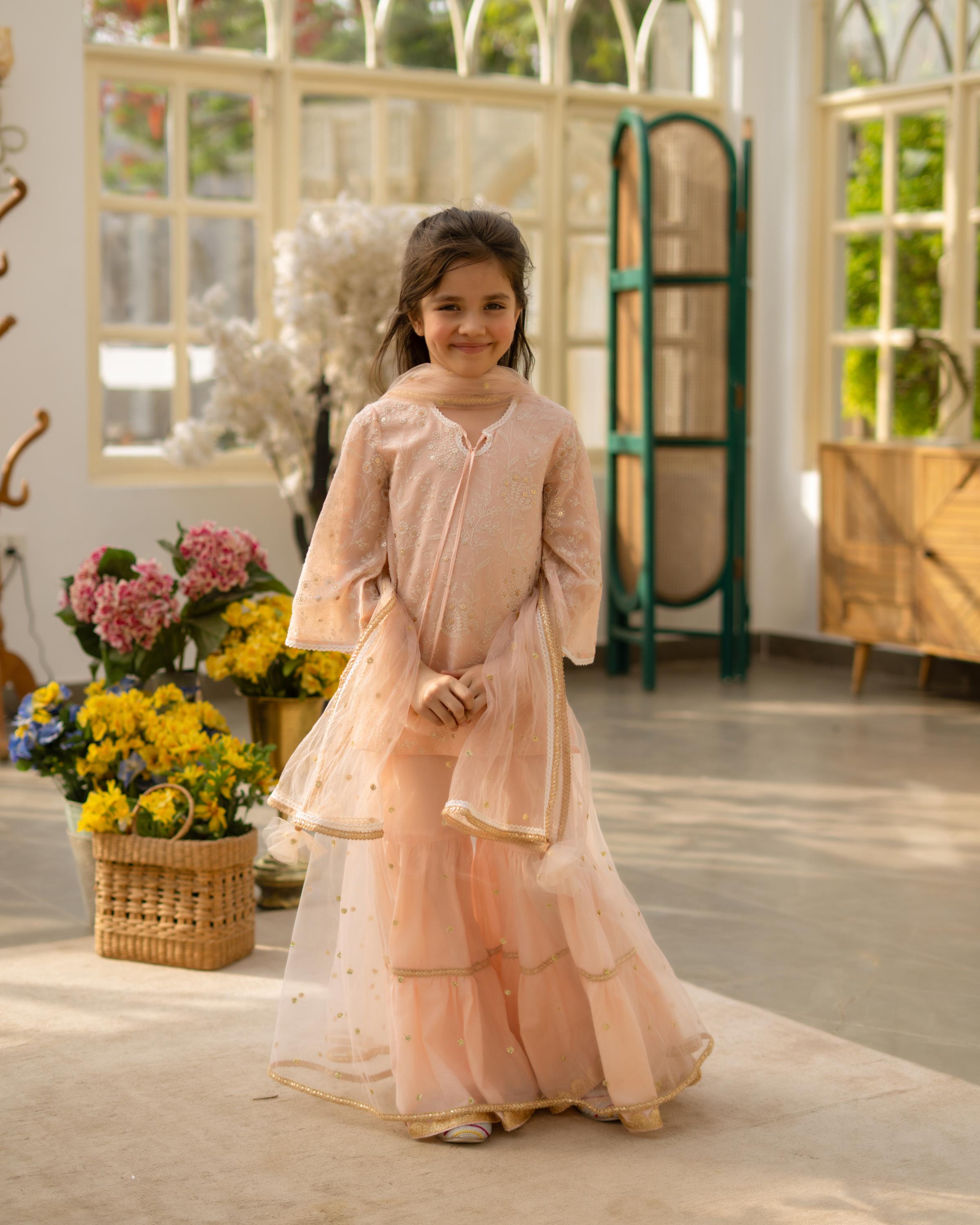 Peach Embroidered Kurti Sharara