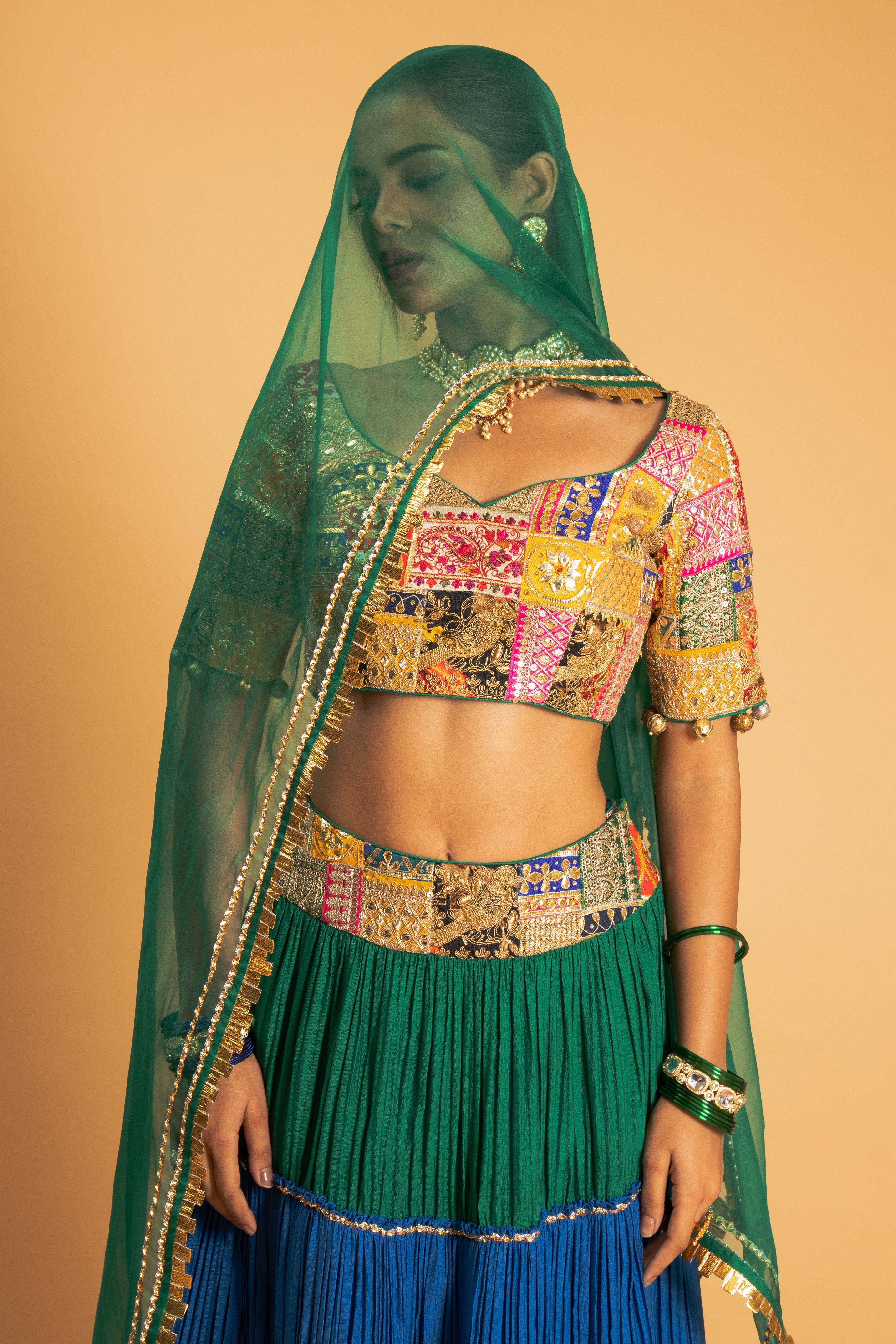 Green and Blue Lehenga Set