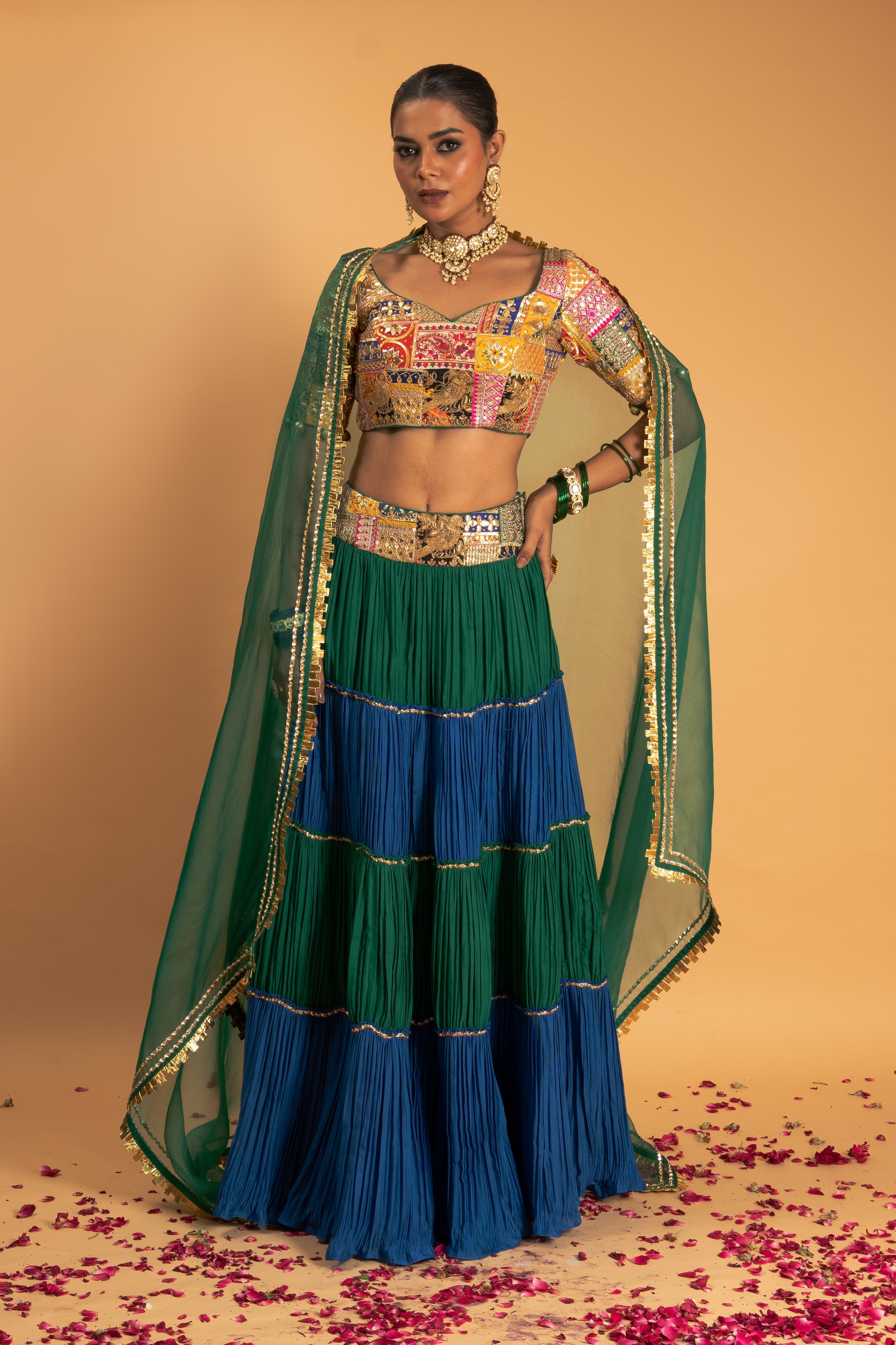 Green and Blue Lehenga Set