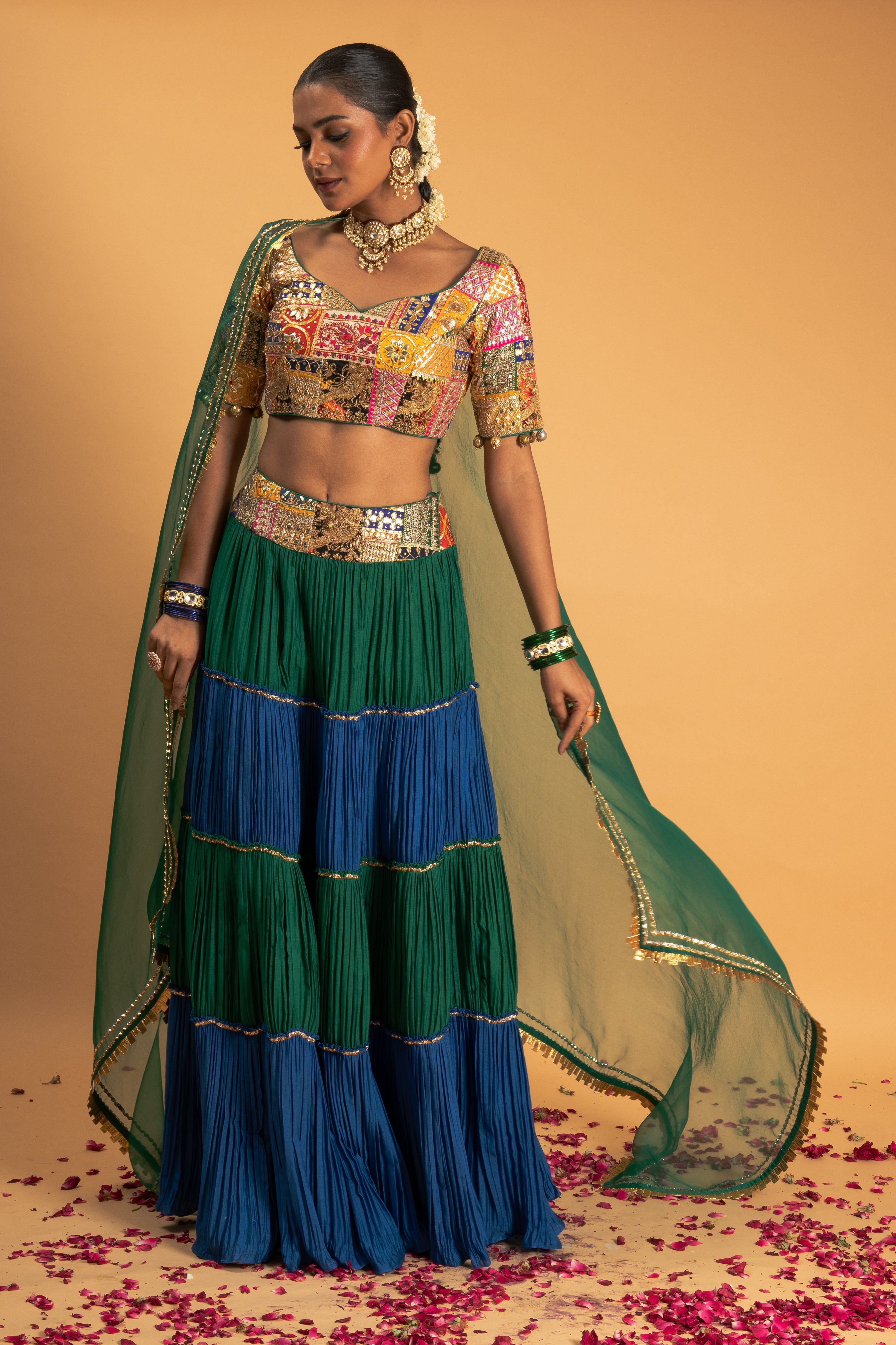 Green and Blue Lehenga Set