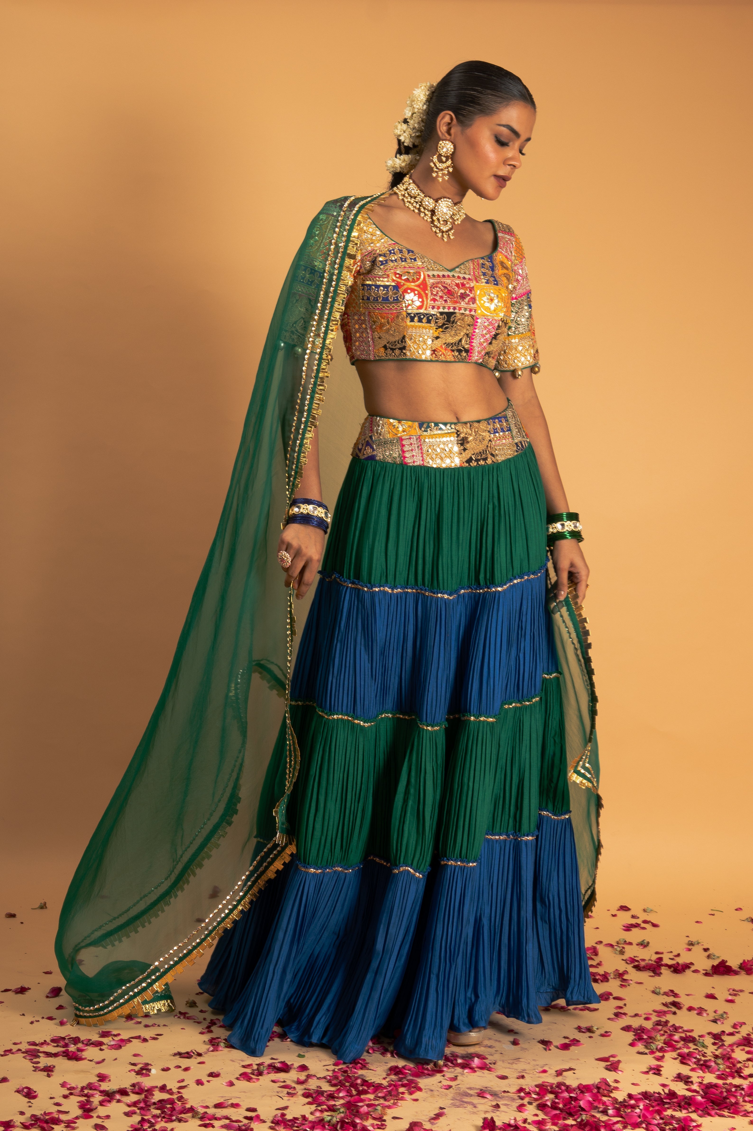 Green and Blue Lehenga Set