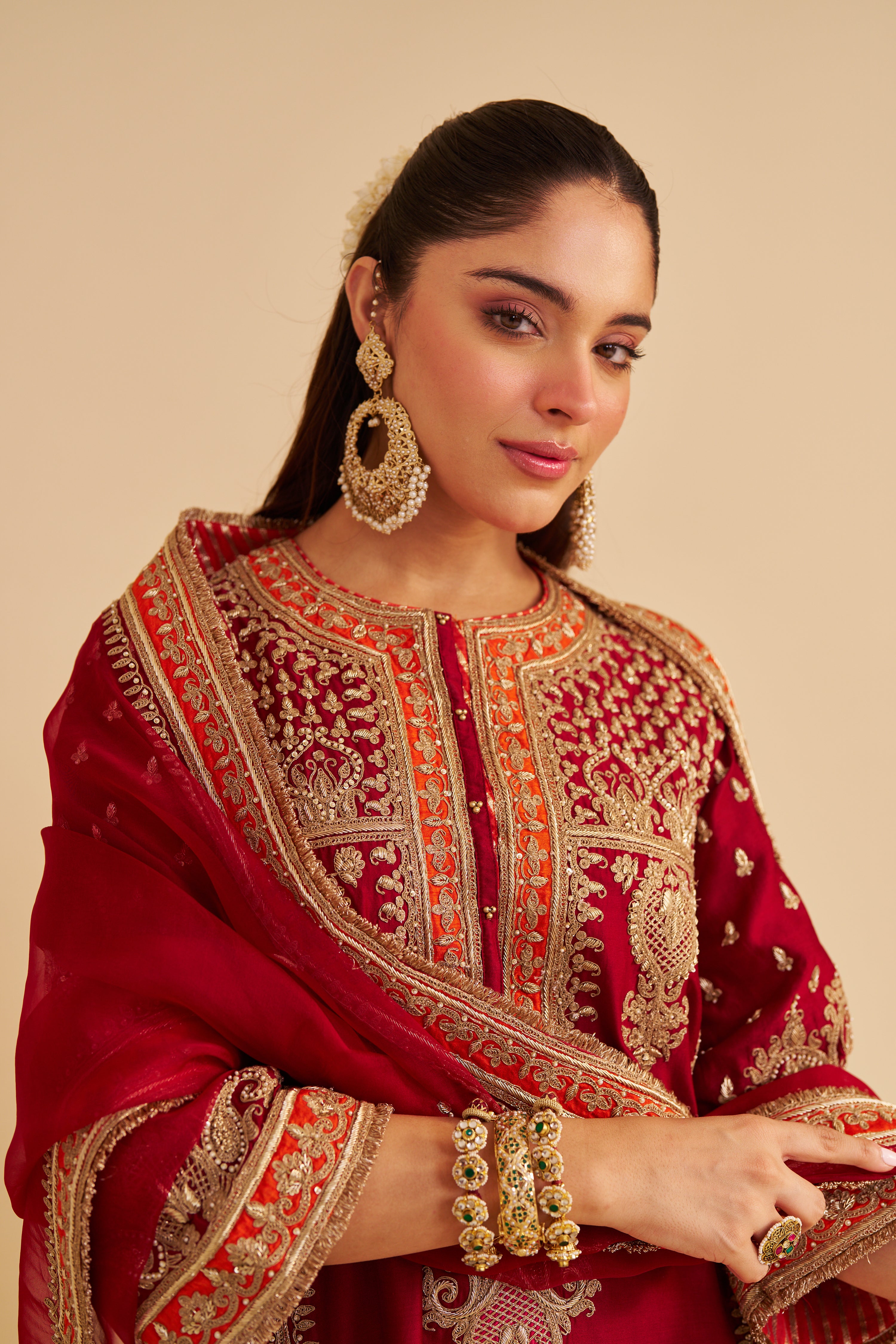 Zoya - Dabka Zardozi Embroidered Rich Banarasi Kalidaar Deep Red Long Chauga Set