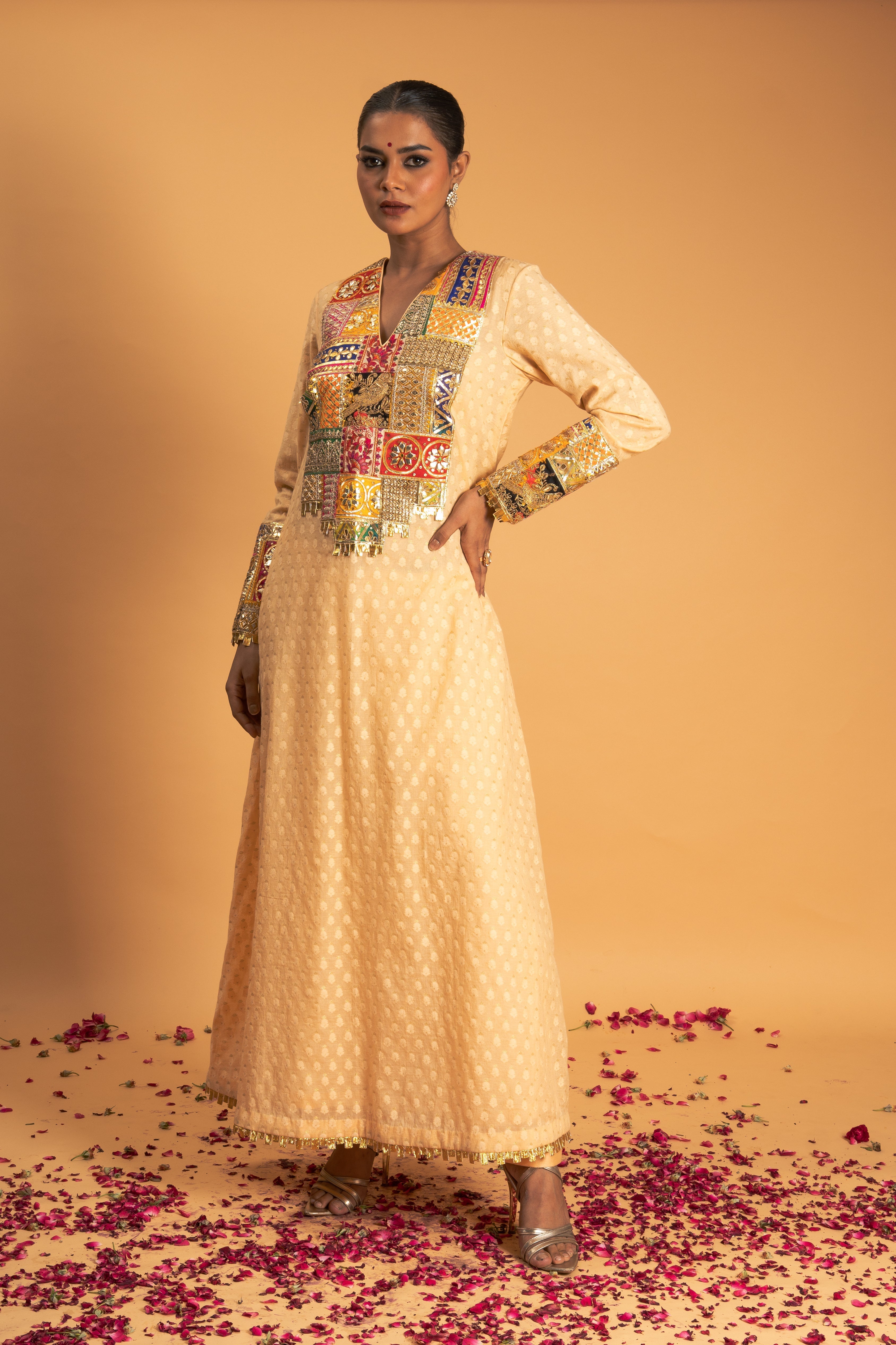 Light Peach Woven Chanderi Kurta Set