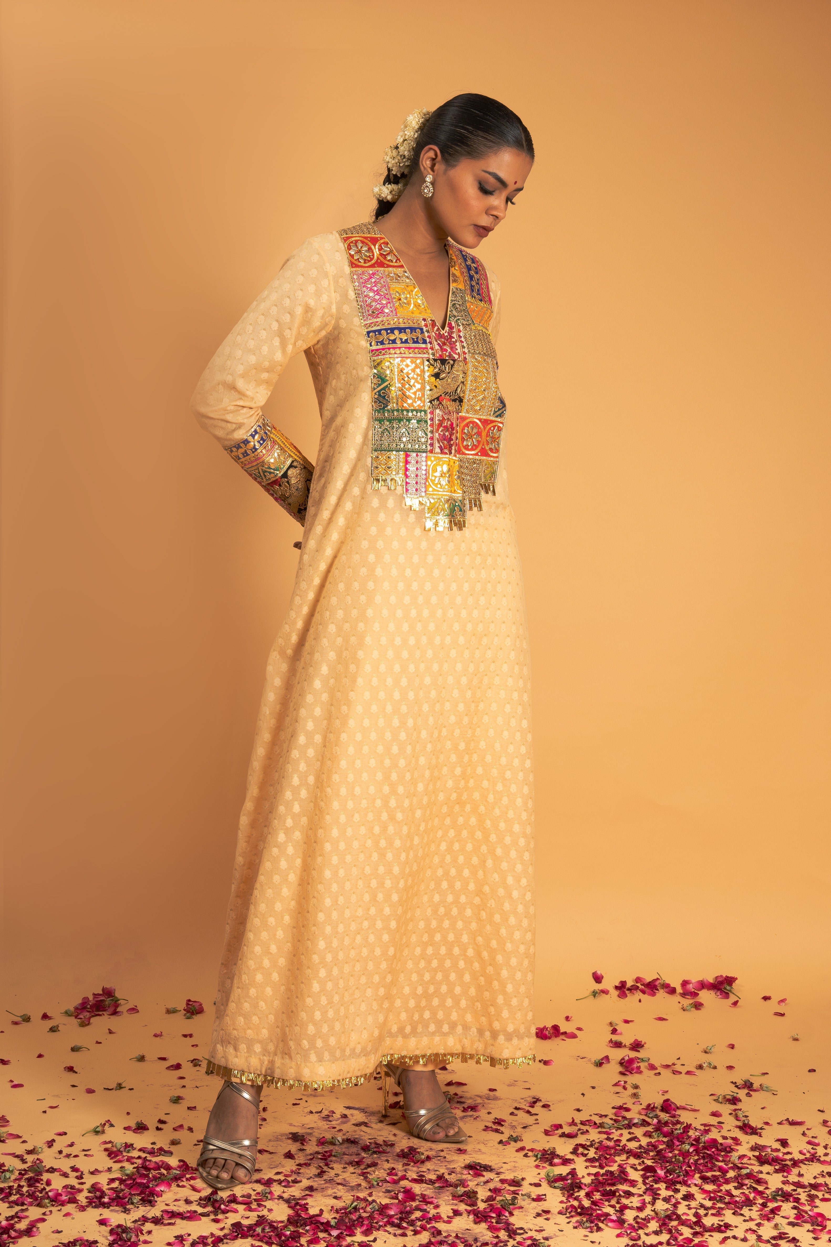 Light Peach Woven Chanderi Kurta Set