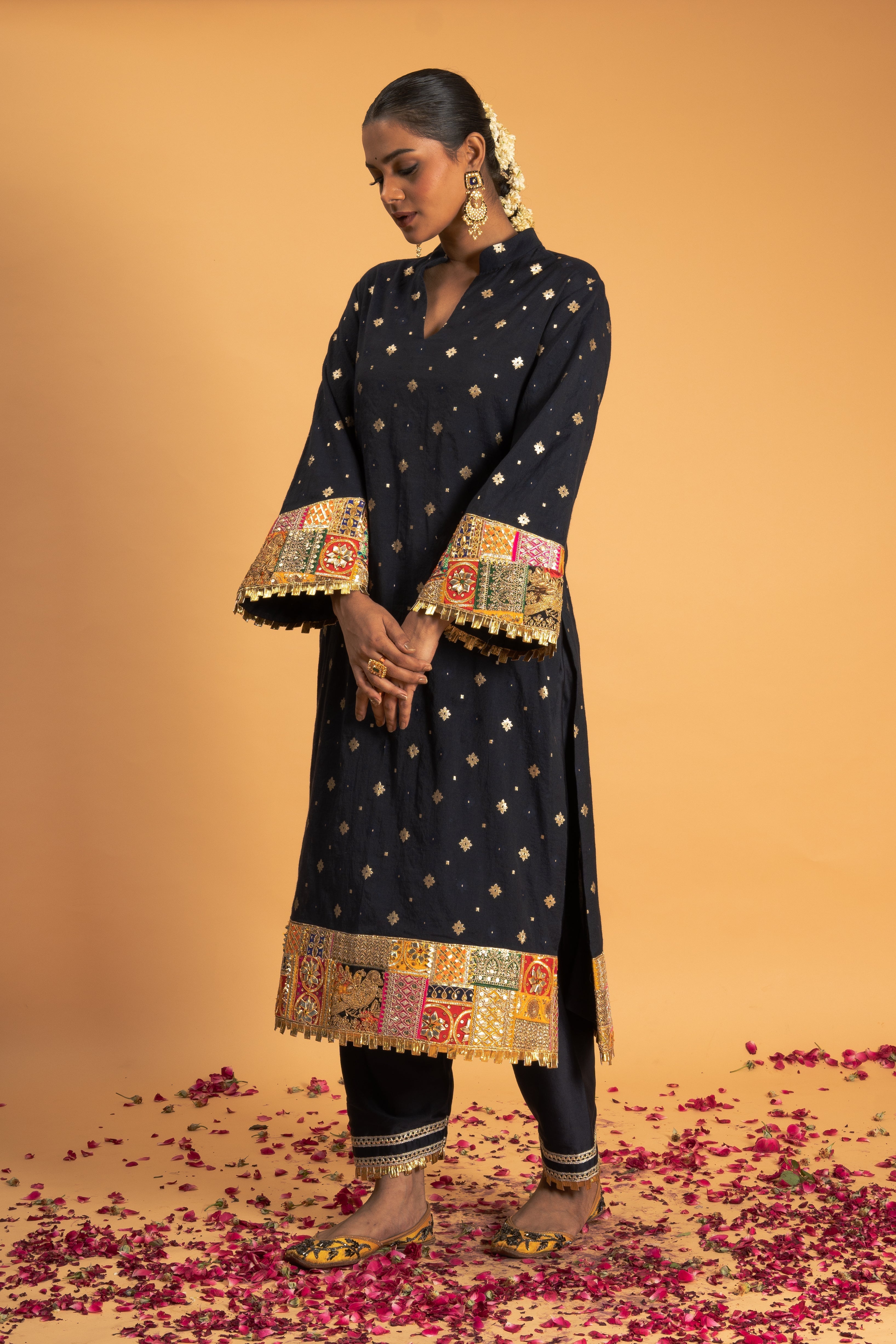 Navy Blue Woven Chanderi Kurta Set