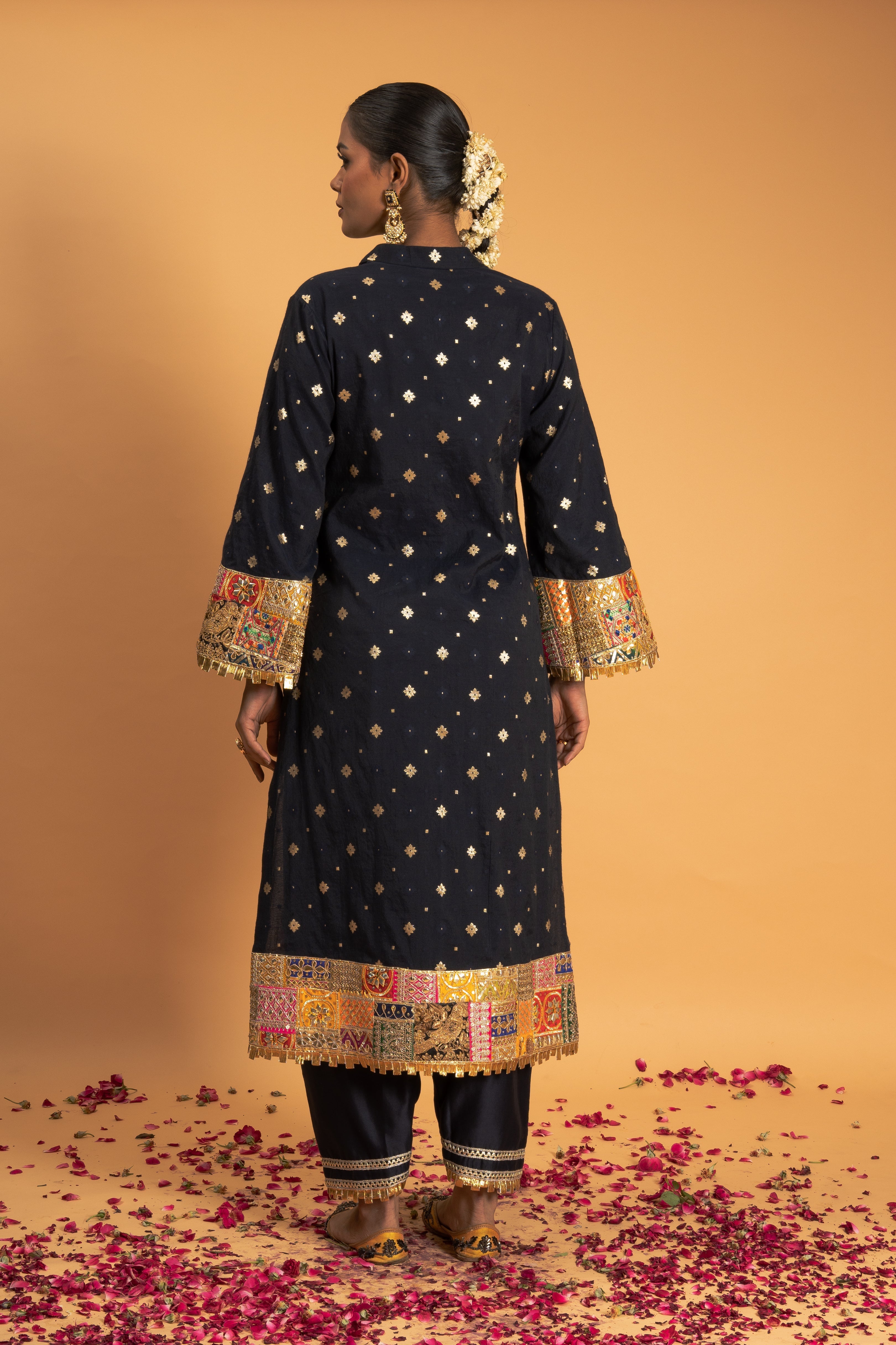 Navy Blue Woven Chanderi Kurta Set